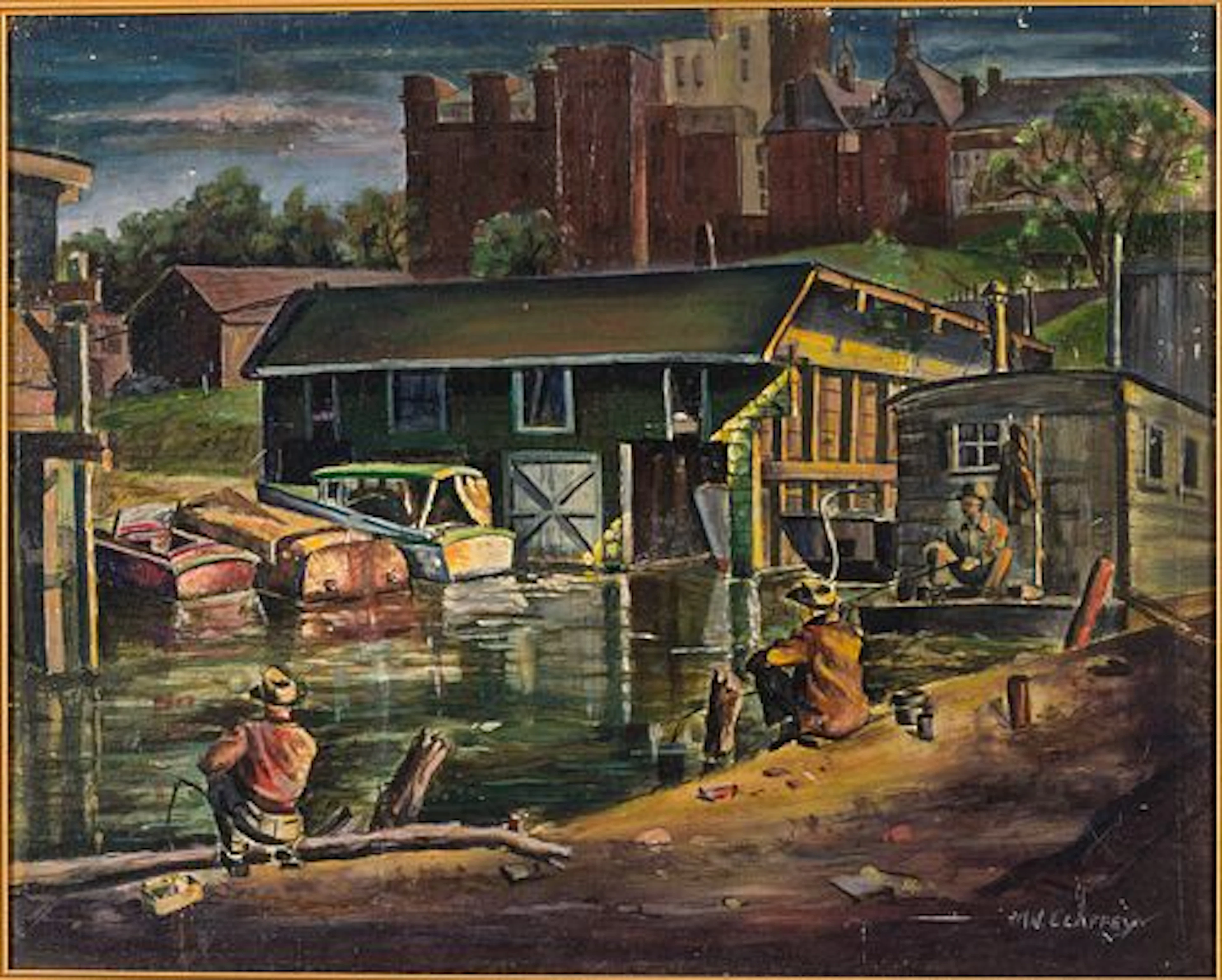 M.N. Claffey, Boathouse and Fisherman, Oil on Bard