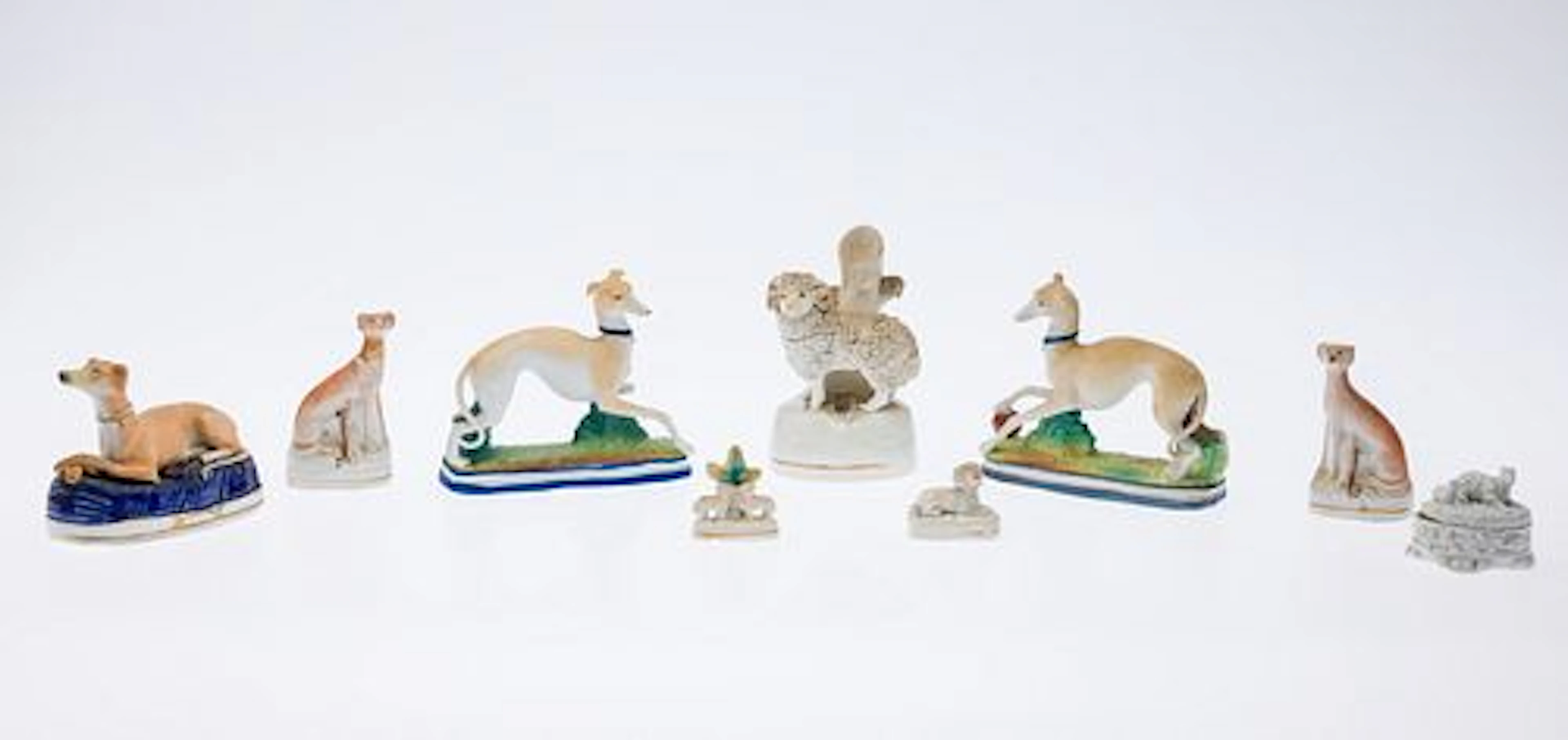 Group of 8 Staffordshire Animals and a Box, 19th C