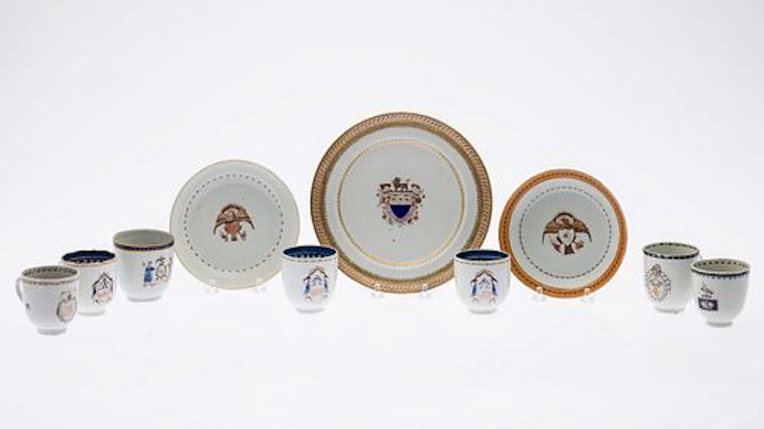 7 Chinese Export Armorial Cups, 2 Dishes & a Plate
