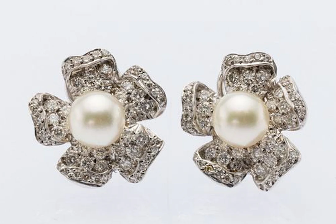 Pair 14K Gold, Diamond & Pearl Flower Clip Earrings