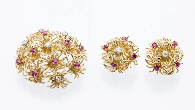 Tiffany 18K Gold, Diamond & Ruby Brooch and Earrings