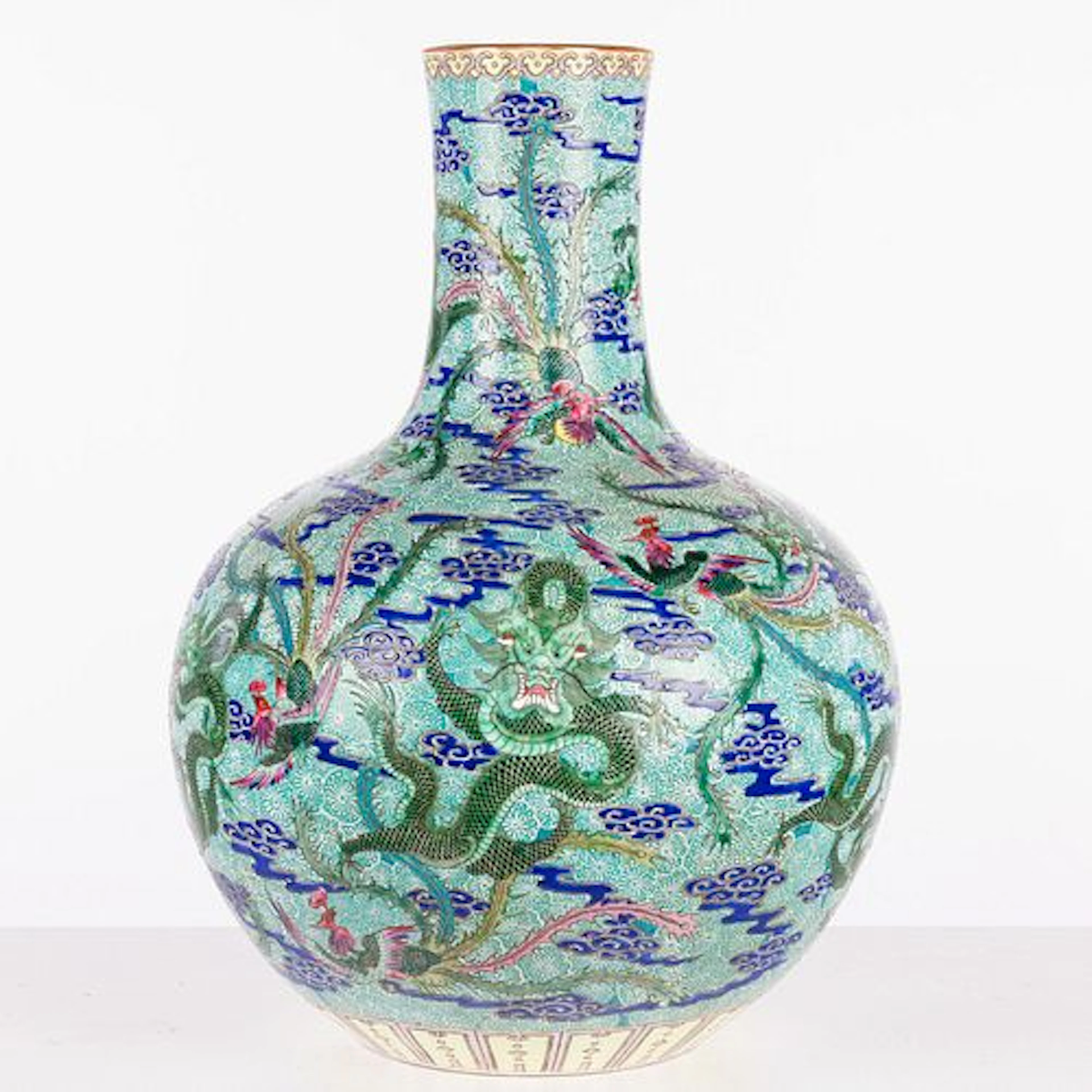 Chinese Famille Rose Nine-Dragon Bottle Neck Vase