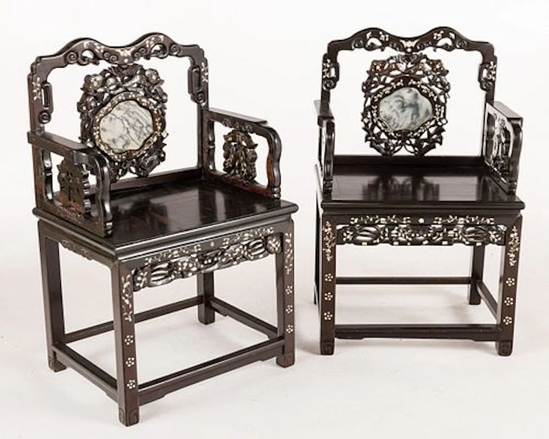 Pair Chinese MOP and Marble Inset Hardwood Armchairs