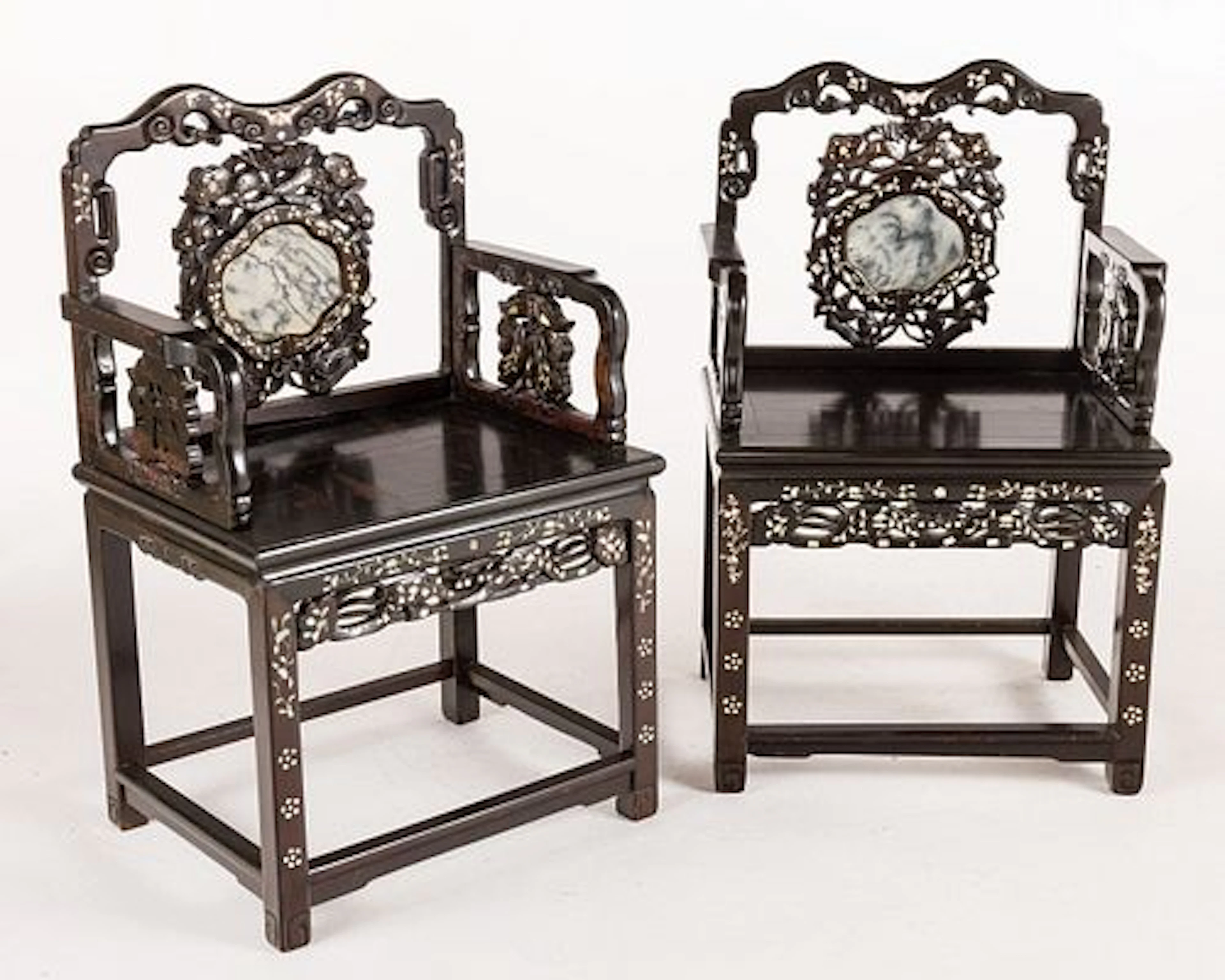 Pair Chinese MOP and Marble Inset Hardwood Armchairs