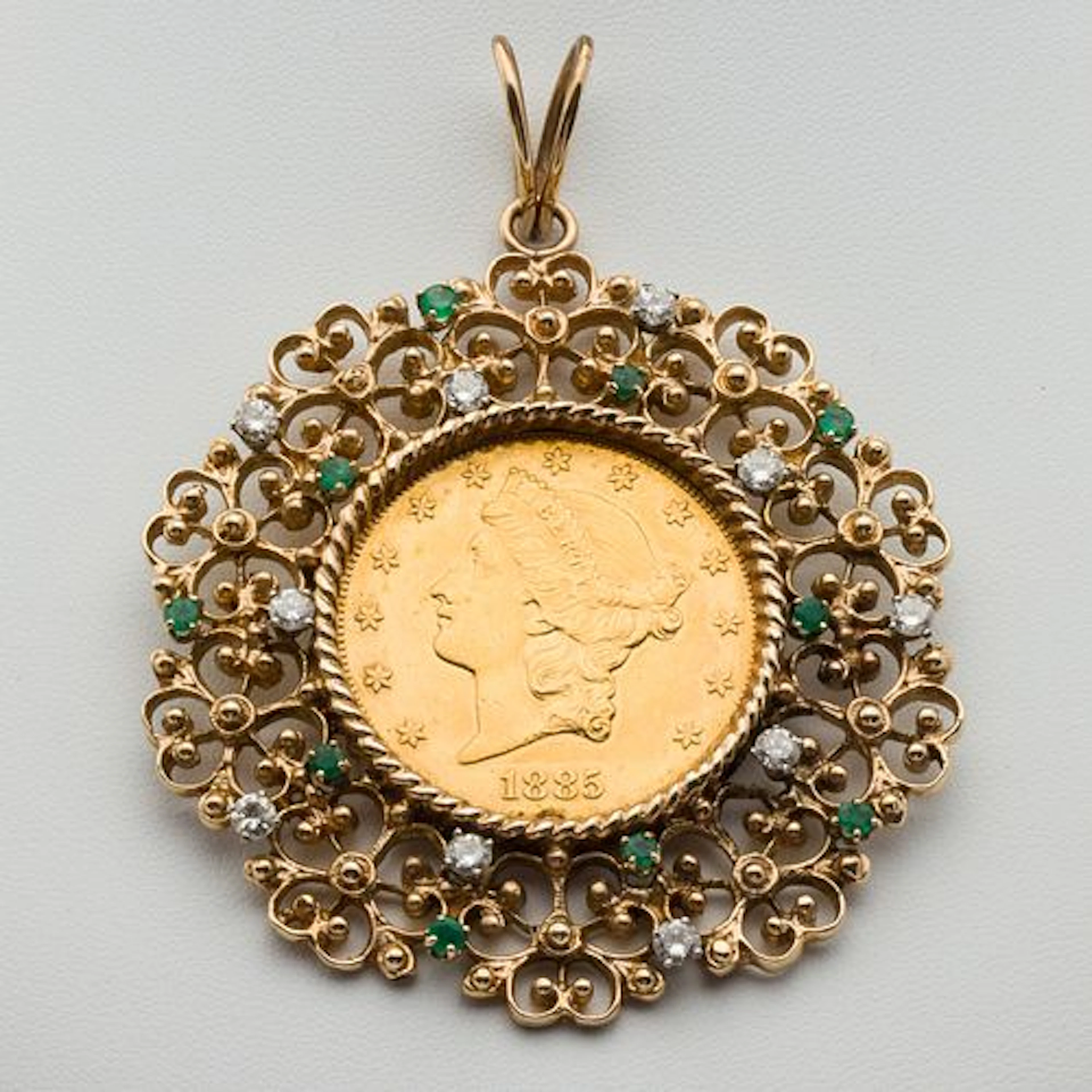 1885 Liberty Head Gold Coin Diamond &Emerald Pendant