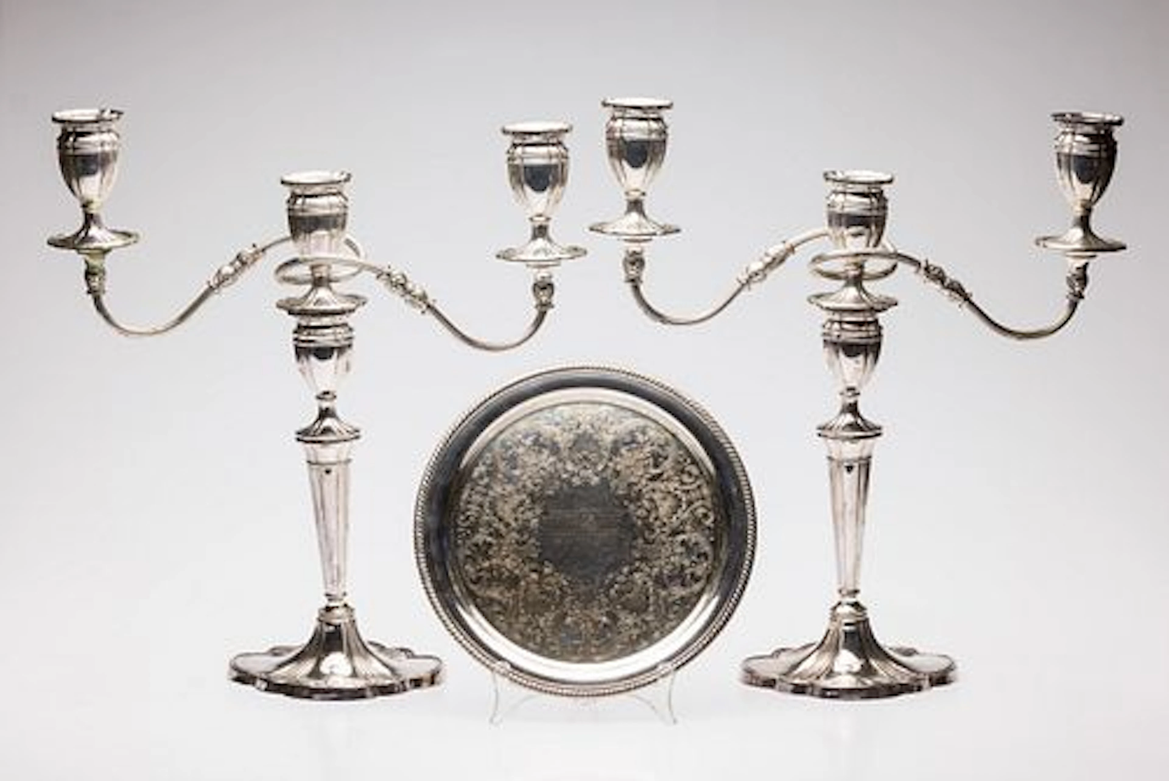 Pair Silverplate 3 Light Candelabra & Serving Tray