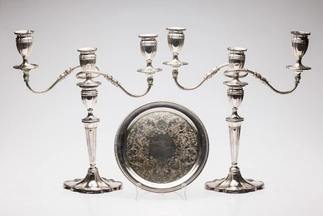 Pair Silverplate 3 Light Candelabra & Serving Tray