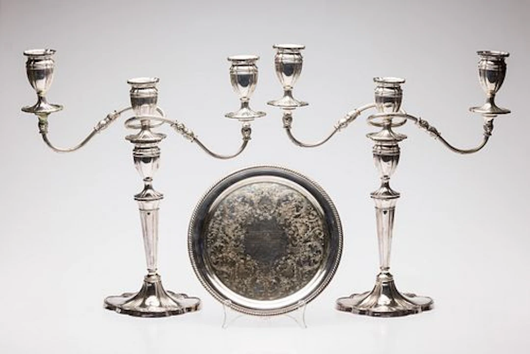 Pair Silverplate 3 Light Candelabra & Serving Tray