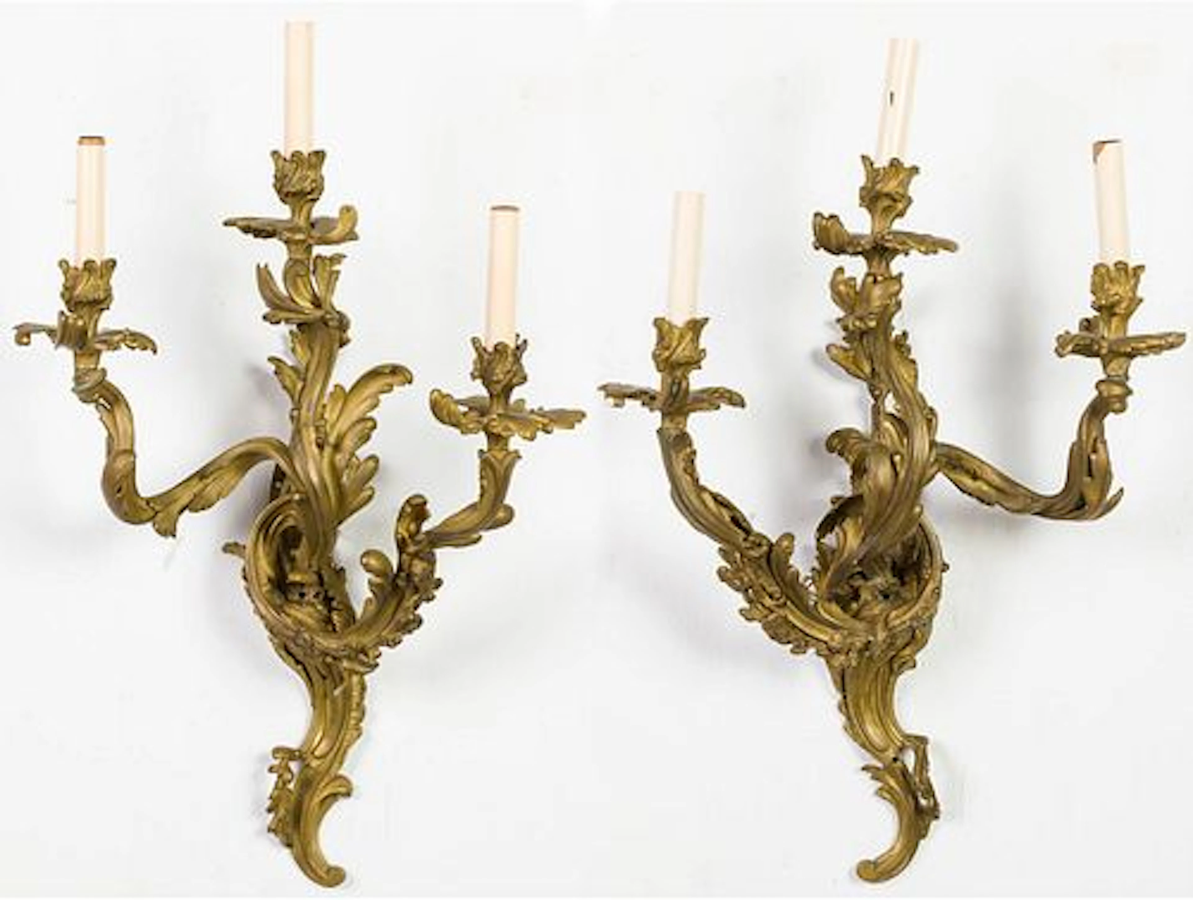Pair Louis XV Style 3-Light Ormolu Sconces, 19th C