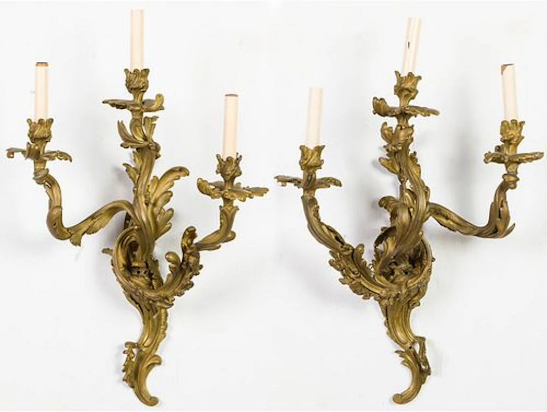 Pair Louis XV Style 3-Light Ormolu Sconces, 19th C