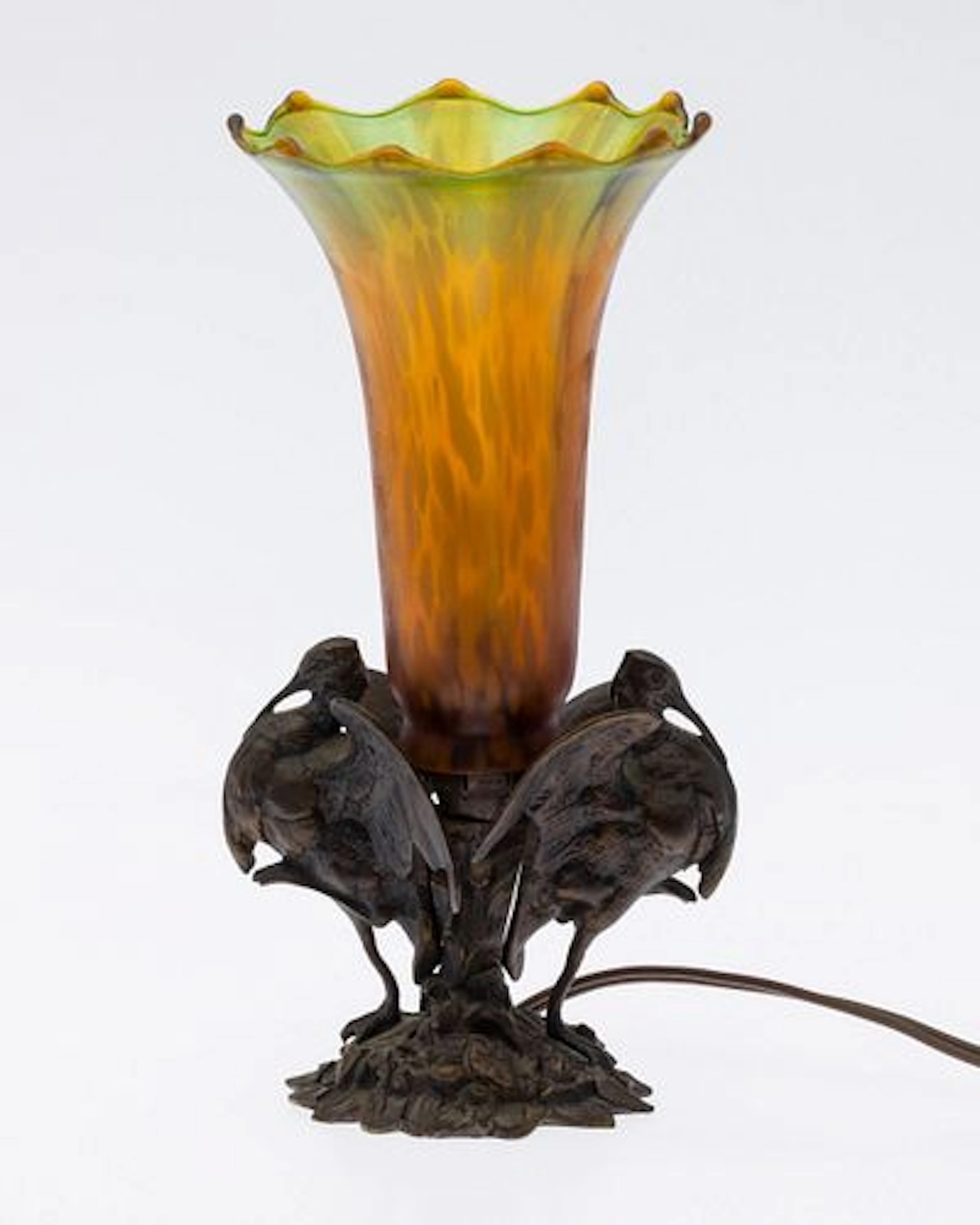 Art Nouveau Bronze & Glass Table Lamp w Heron