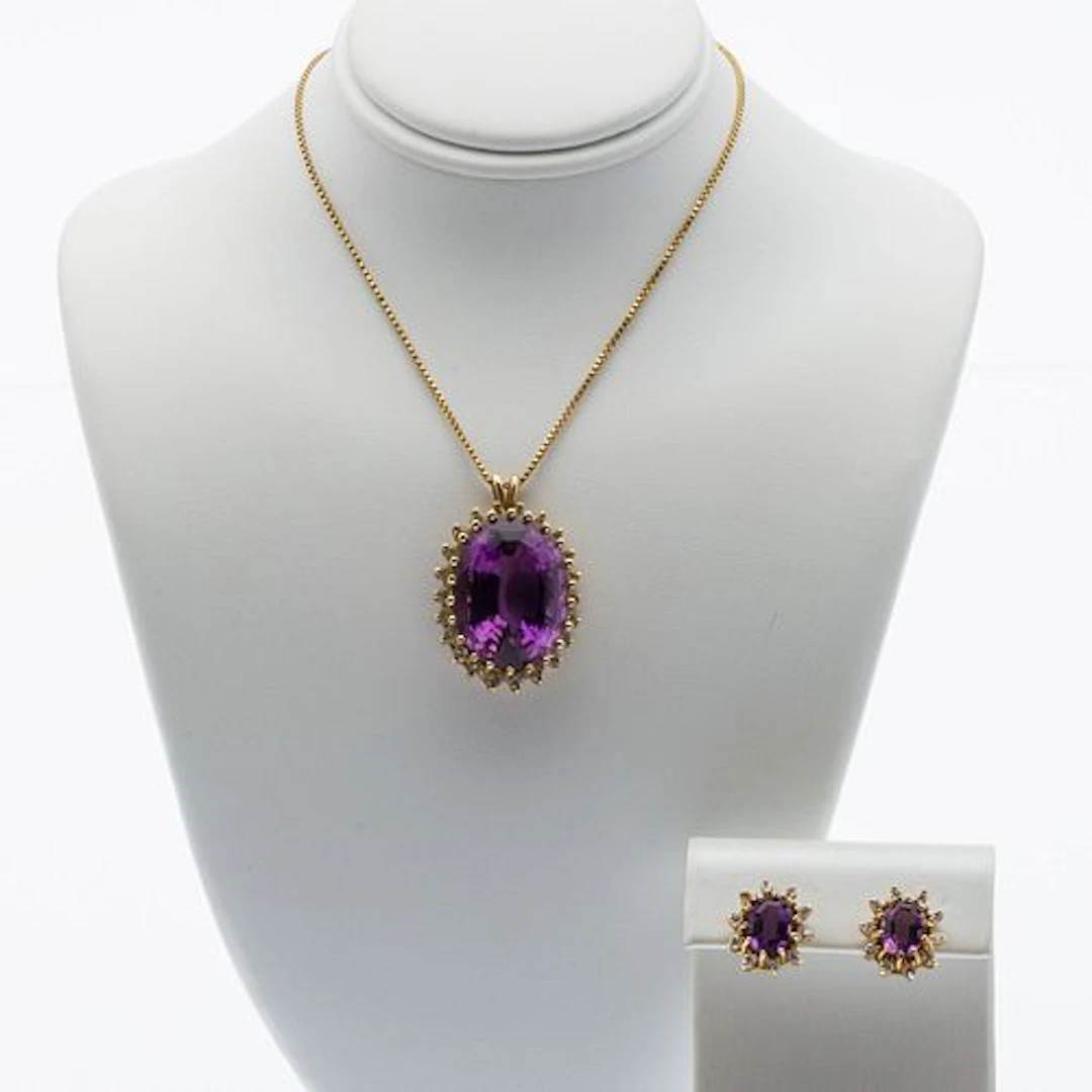 Amethyst, Diamond and 14K Gold Pendant and Earrings