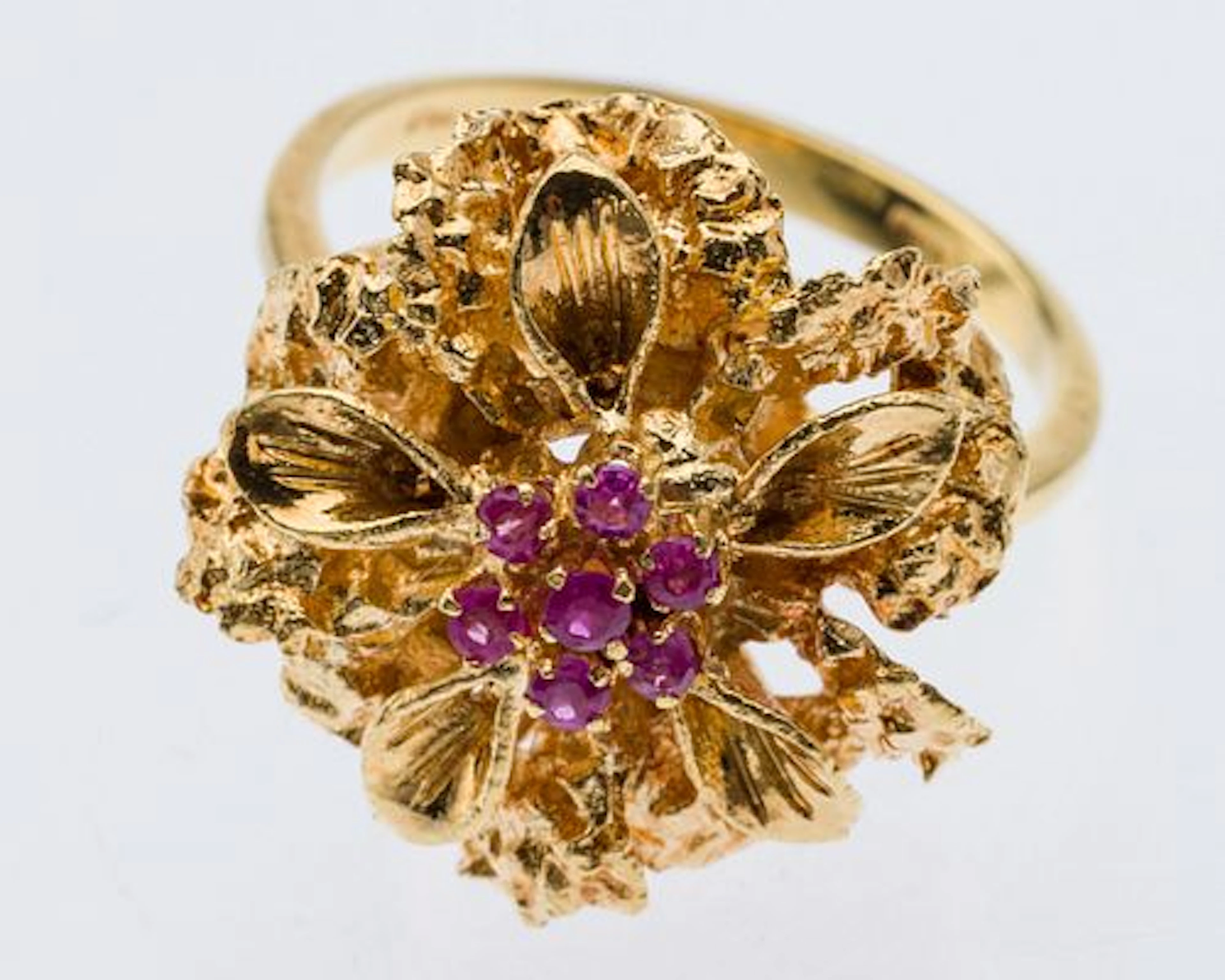 18K Gold and Ruby Flower Ring, Size 8.75