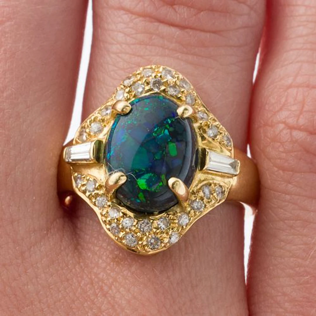 Black Opal, Diamond and 18K Gold Ring, Size 7