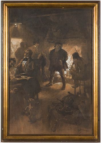 André Castaigne (1861-1929), Tavern Scene, Charcoal