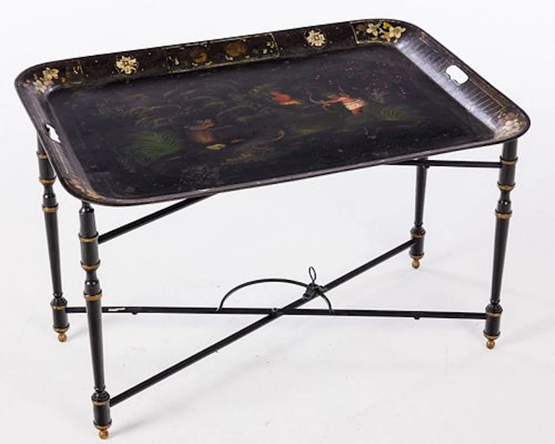 Painted Tole Tray, 19th C on Metal Stand