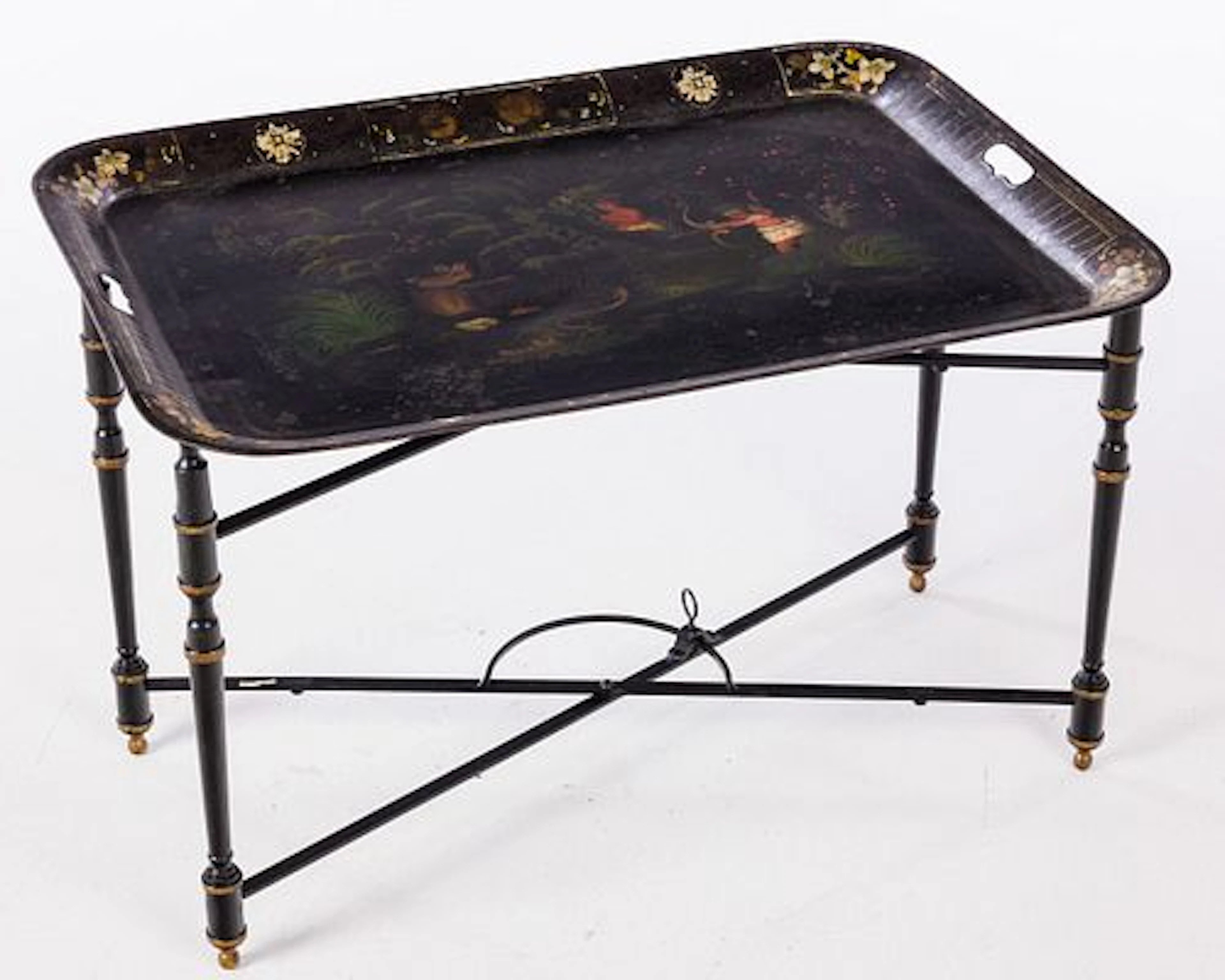 Painted Tole Tray, 19th C on Metal Stand