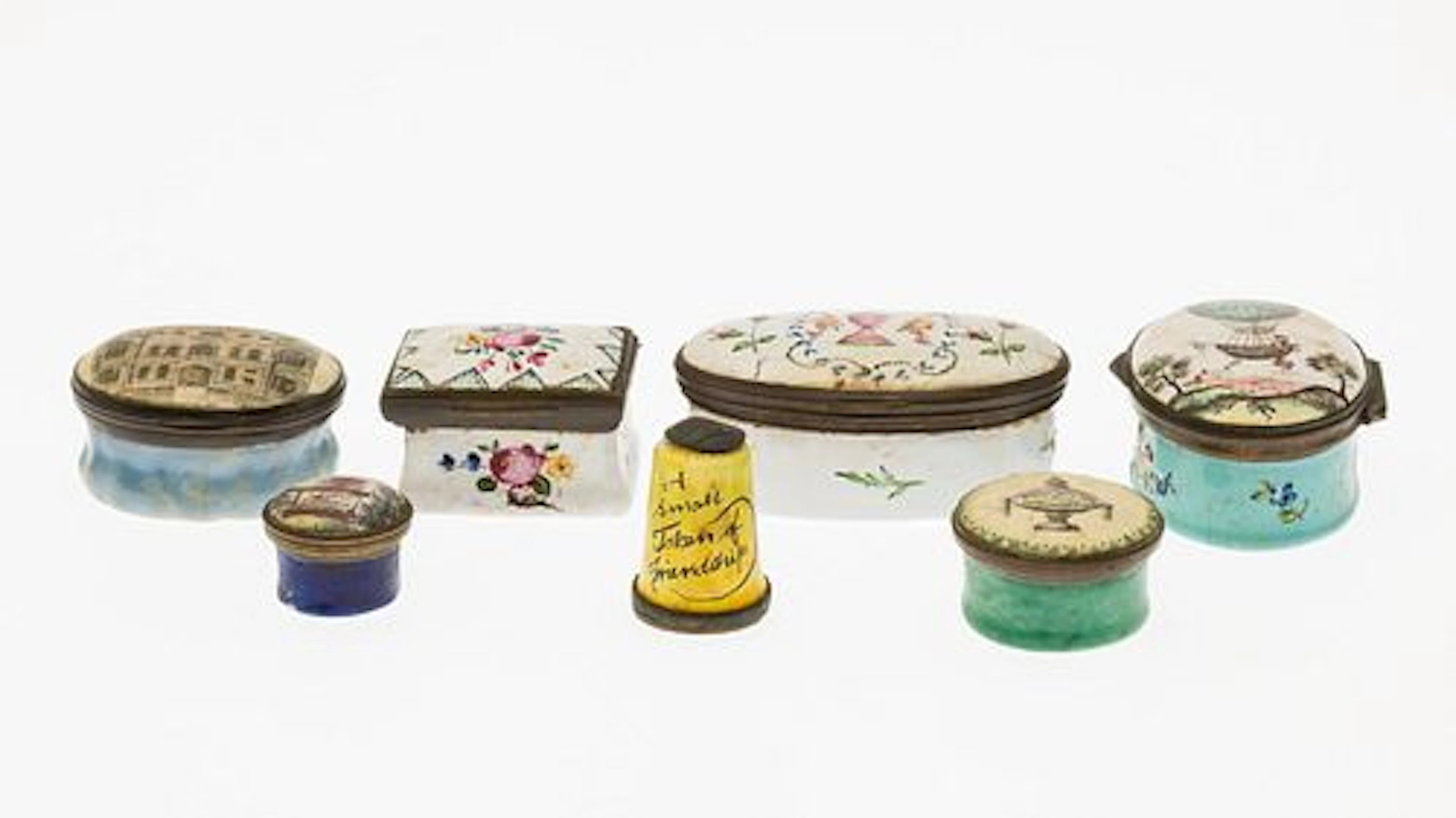 6 Battersea Boxes and a Thimble, 18th Century