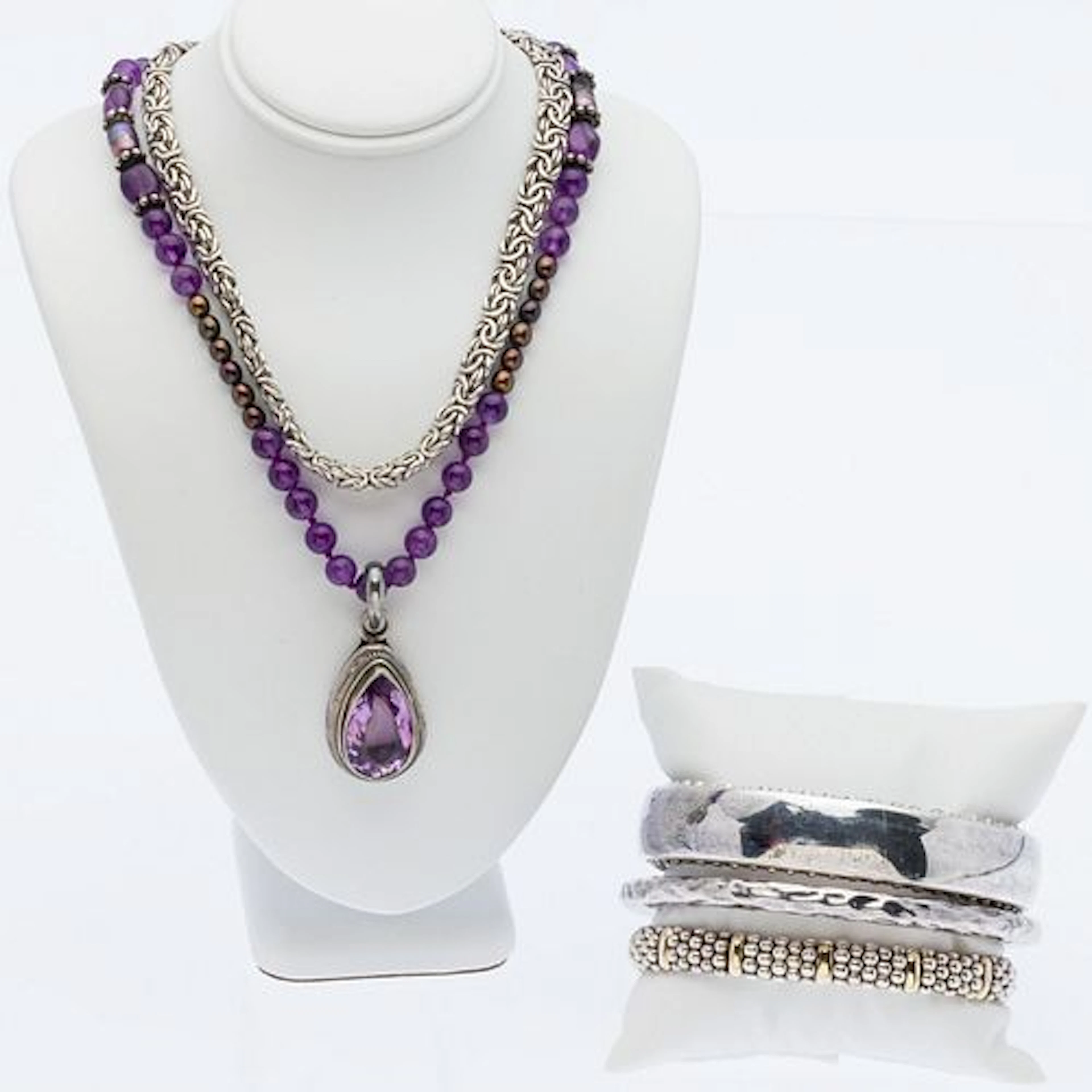 Amethyst Necklace, 3 Sterling Bracelets & a Chain