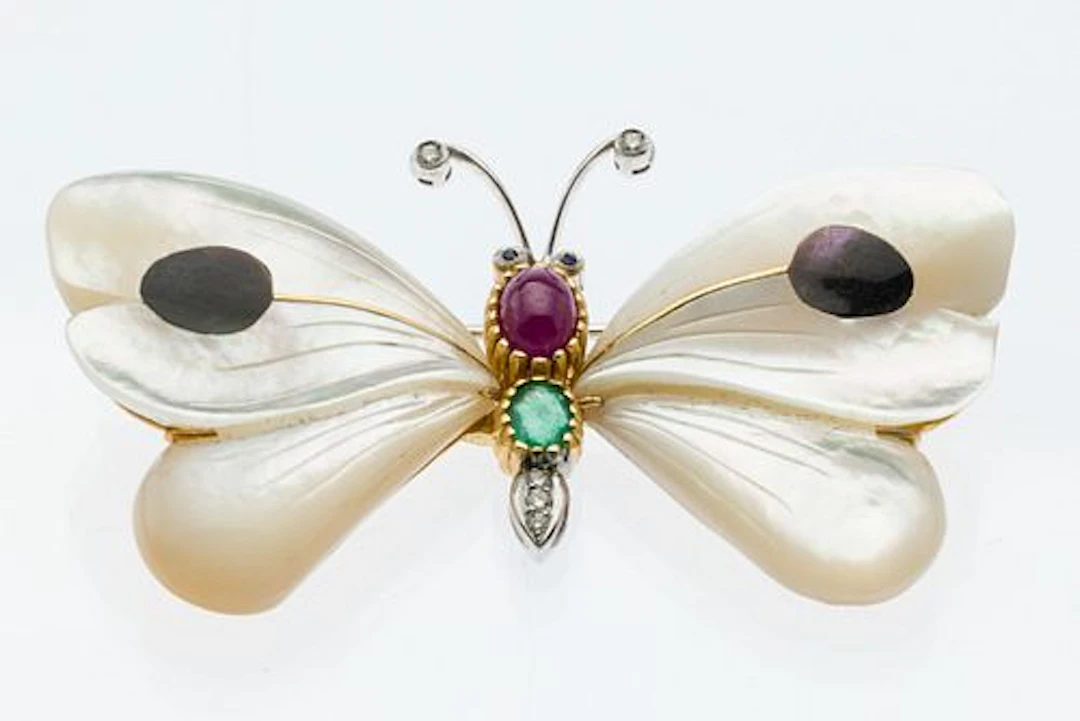 18K Gold, Pearl, Diamond and Gemstone Butterfly Pin