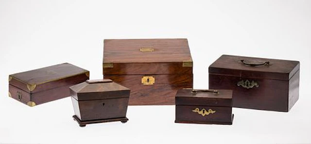 5 English Mahogany Boxes, 19th C and Later