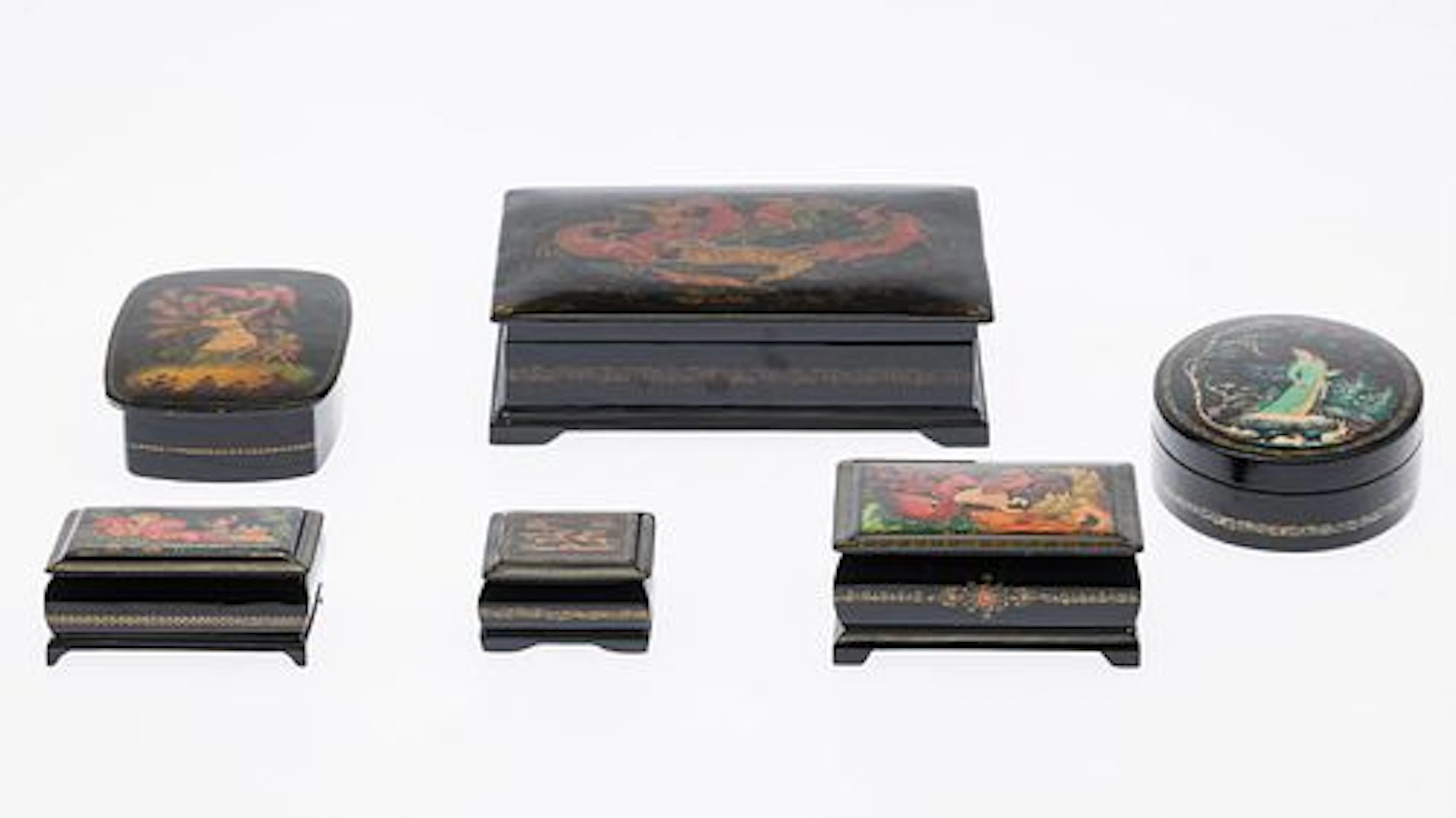Group of 6 Russian Lacquer Painted Boxes