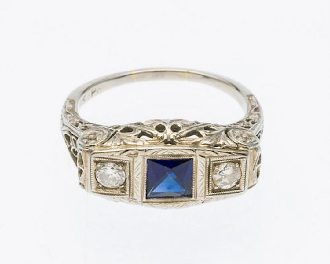 18K White Gold, Sapphire and Diamond Ring, Size 7