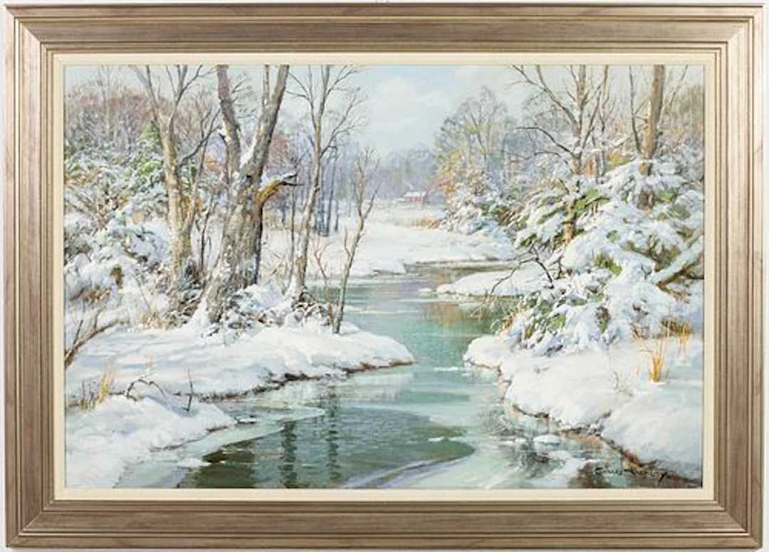 Charles Vickery (1913-1998) Snow Scene w Stream, O/C