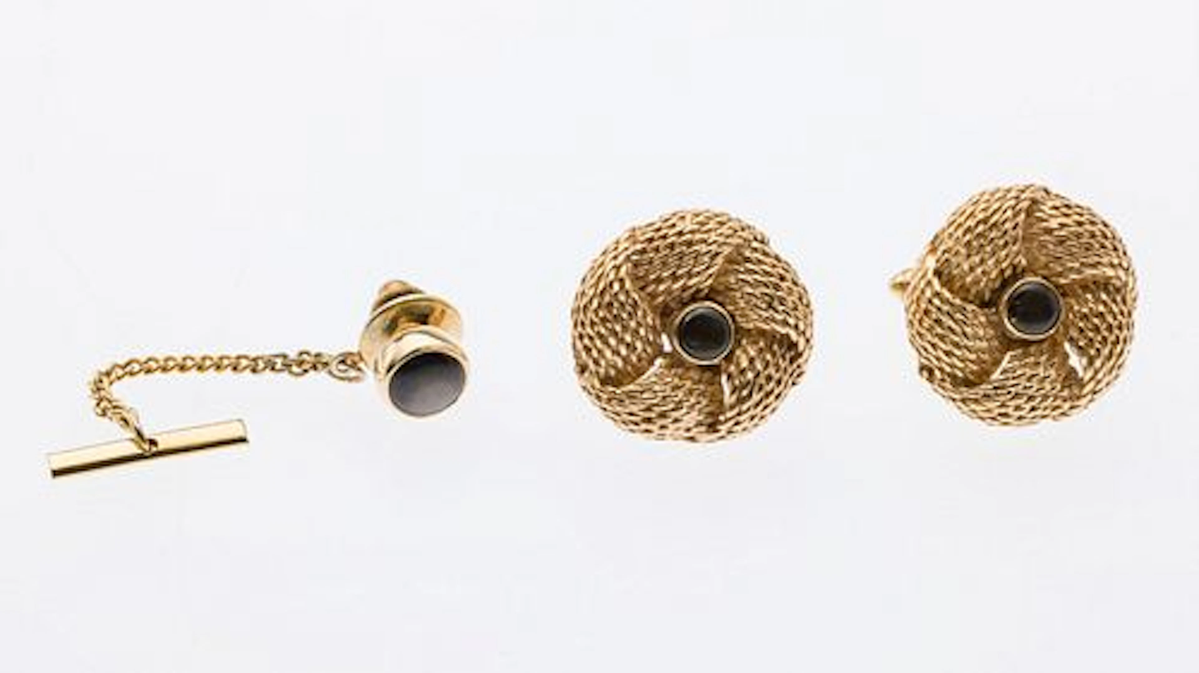 14K Gold & Black Star Sapphire Cufflinks and Tie Pin