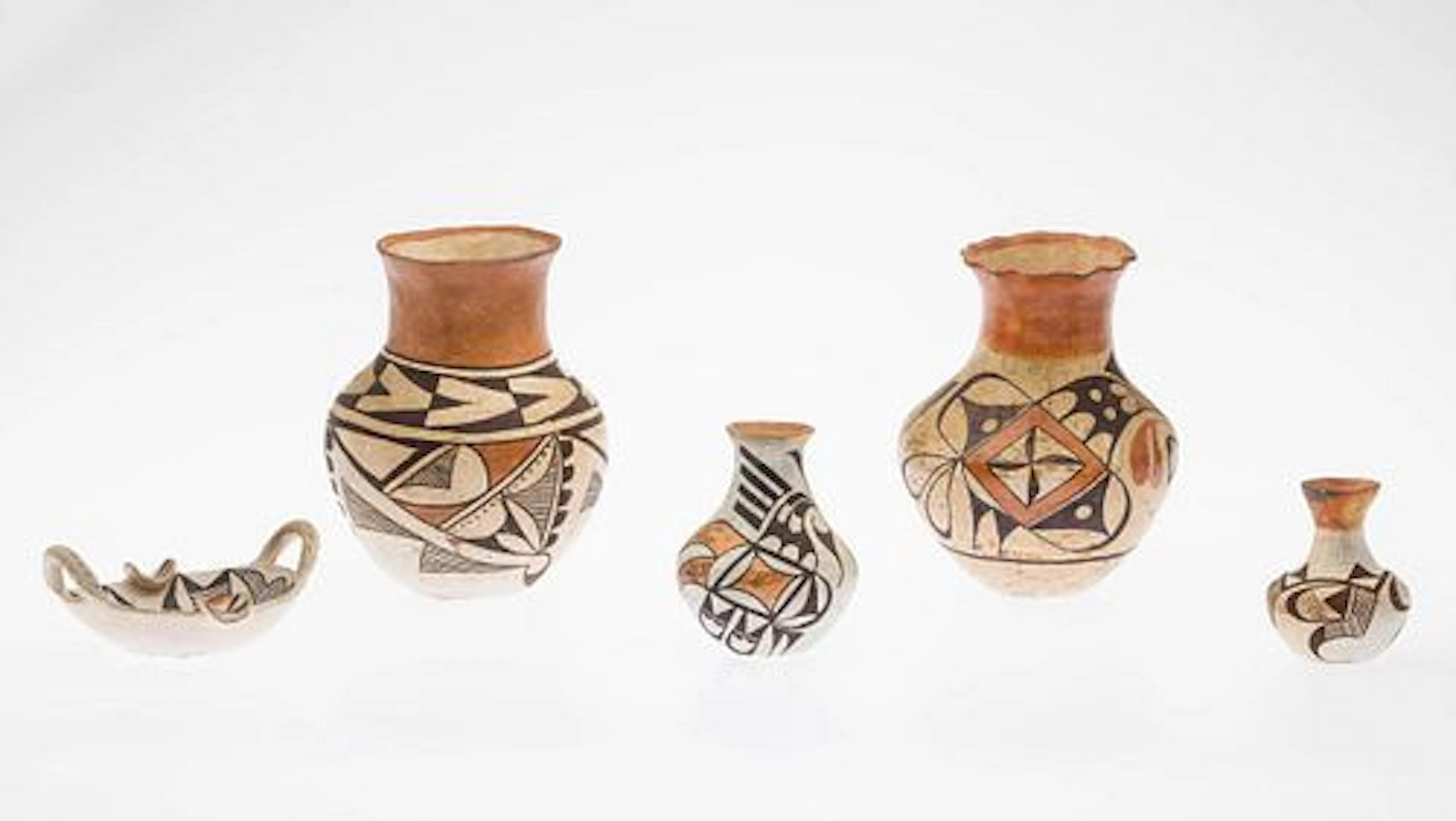 5 Acoma Polychrome Decorated Artifacts, 20th Century