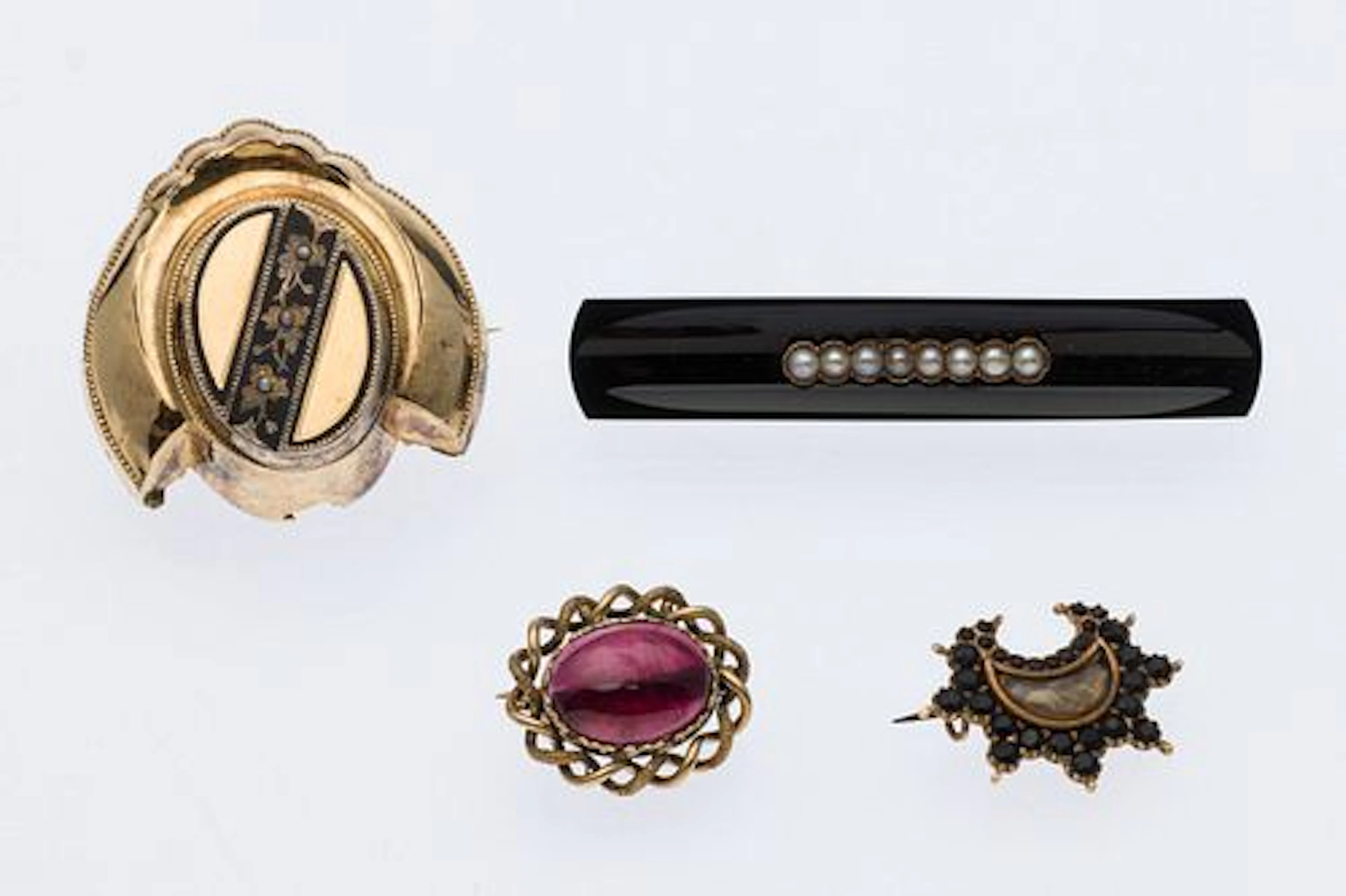 4 Victorian Gold and Enamel Mourning Pins