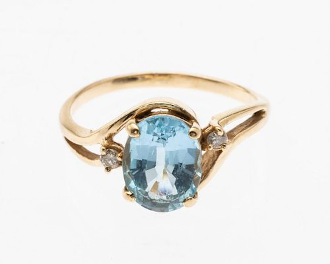 Blue Topaz and Diamond Ring 14K Gold Ring, Size 7.5