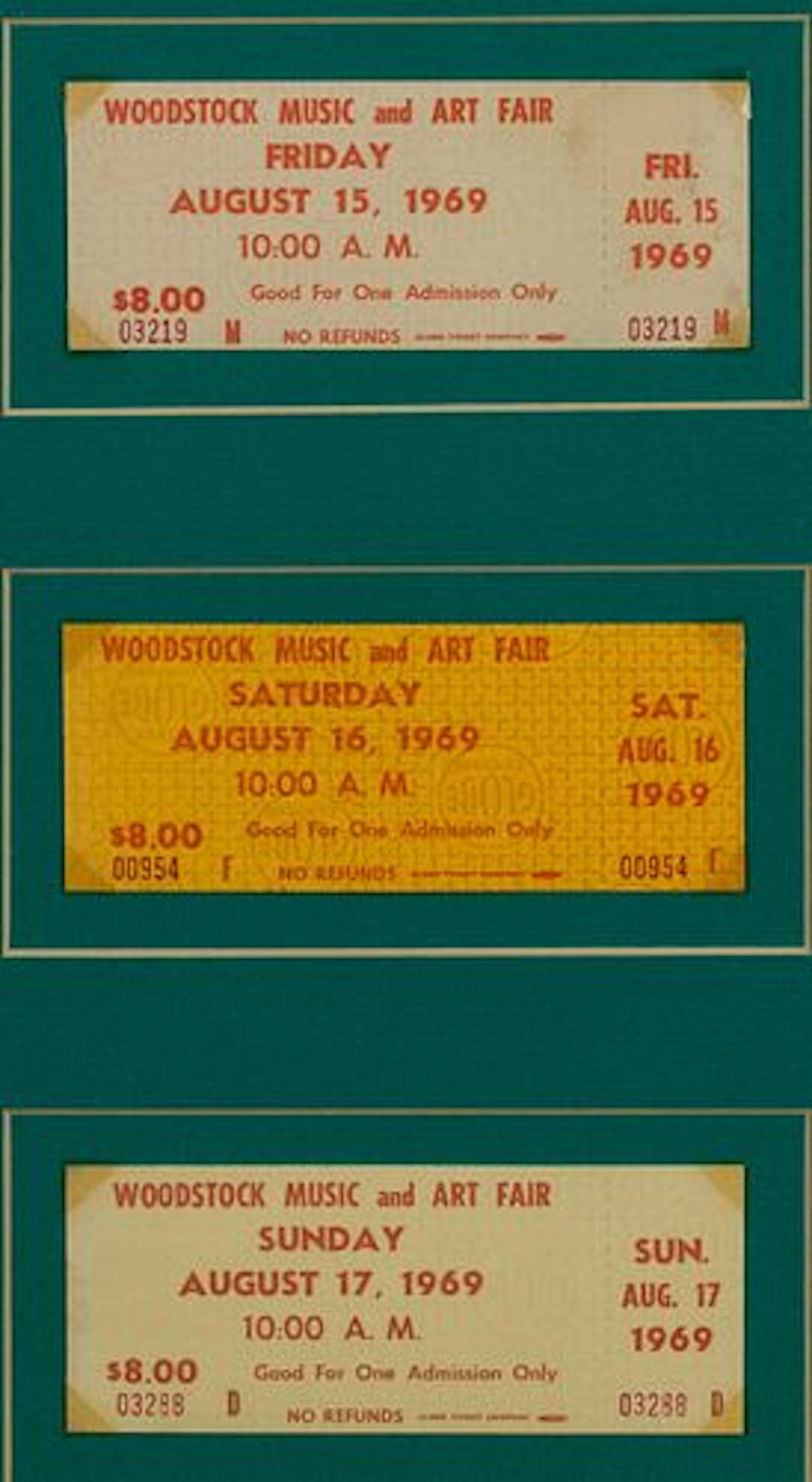 3 Unused 1969 Woodstock Tickets