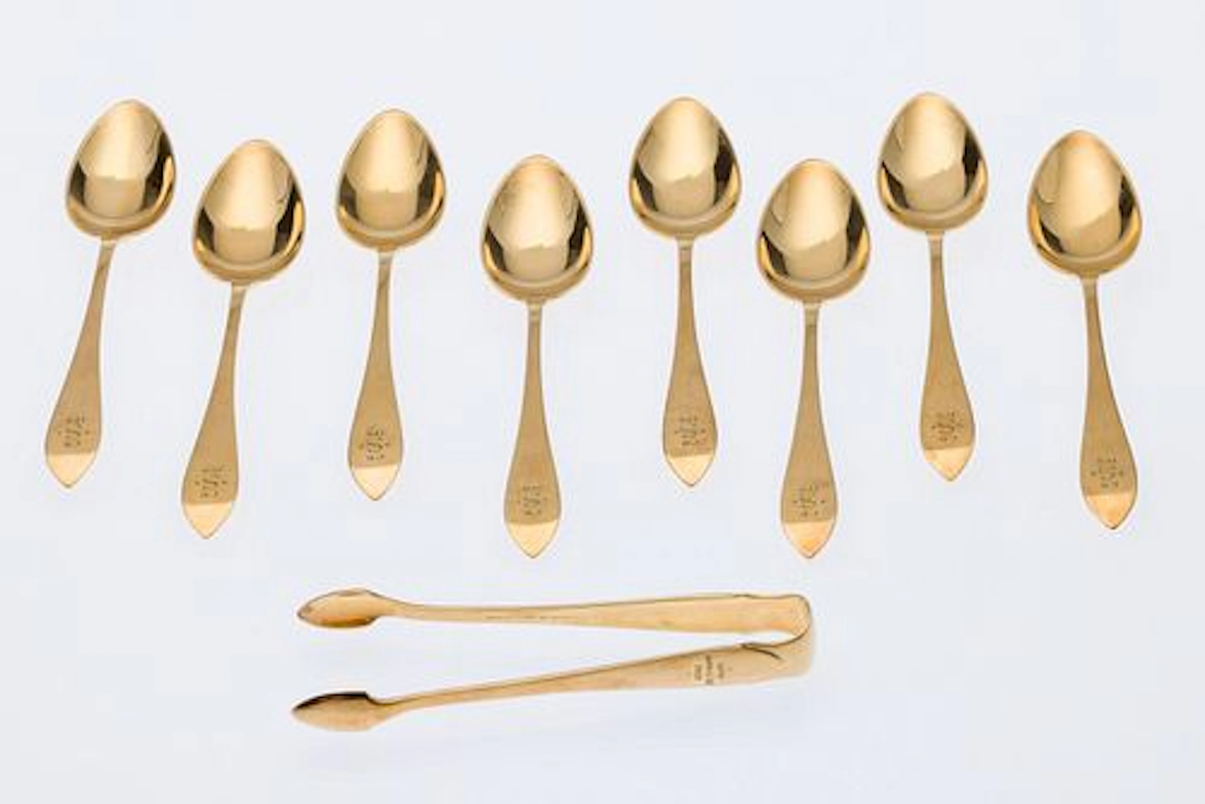 8 Tiffany 18K Gold Demitasse Spoons and Sugar Tongs