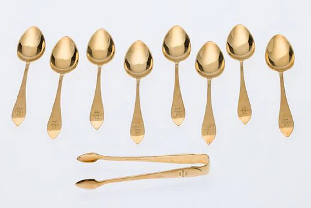 8 Tiffany 18K Gold Demitasse Spoons and Sugar Tongs