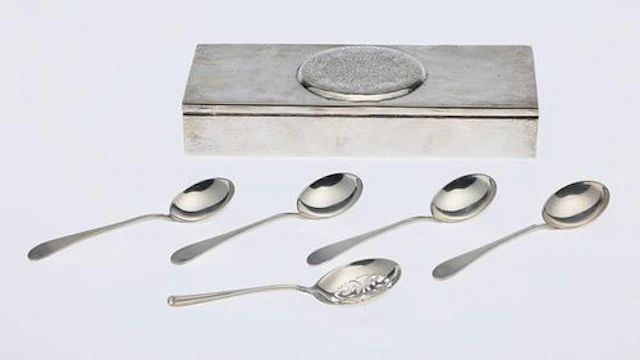 Mexican Sterling Silver Cigarette Box with 5 Spoons