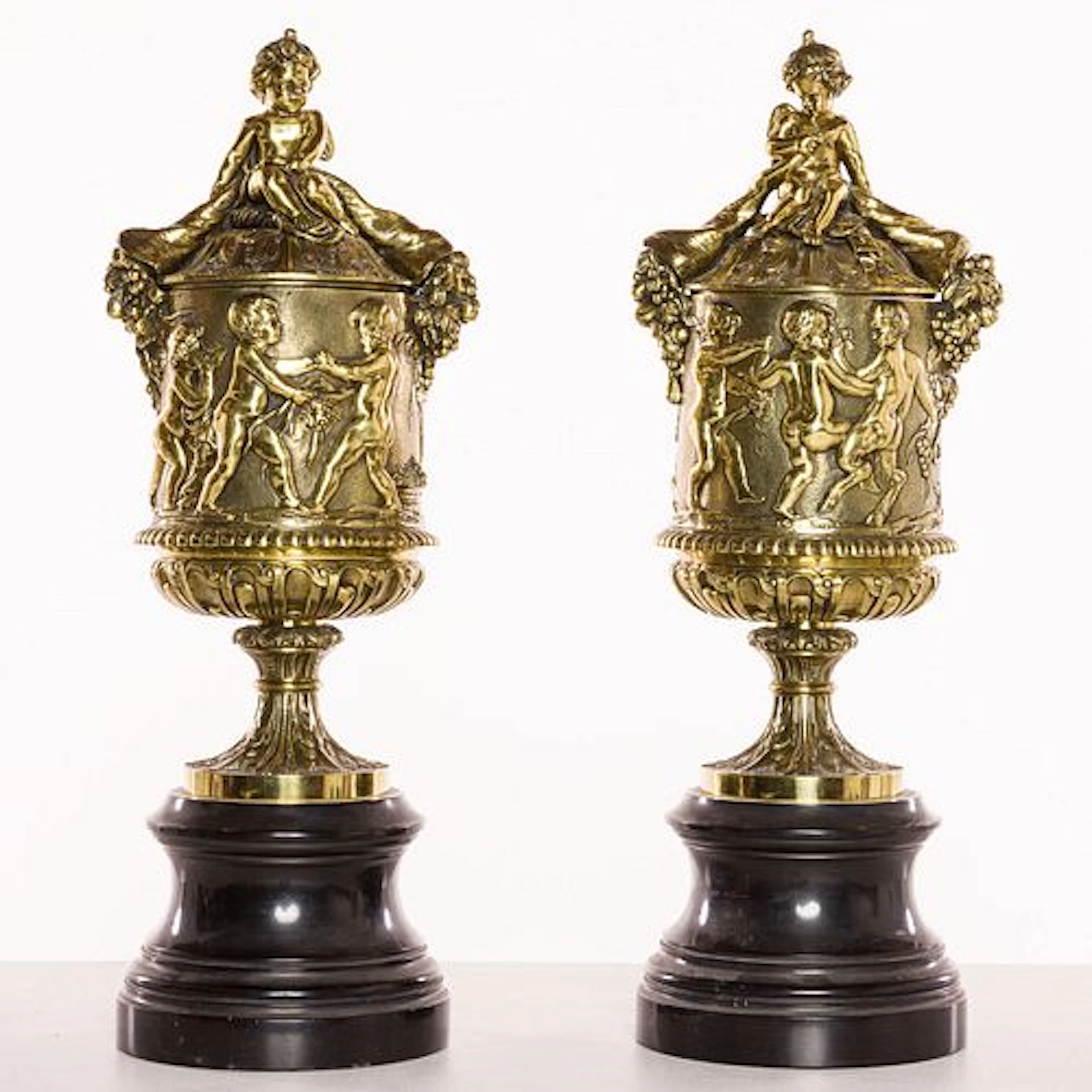 Pair uropean Bronze Urns with Cornucopia and Putti