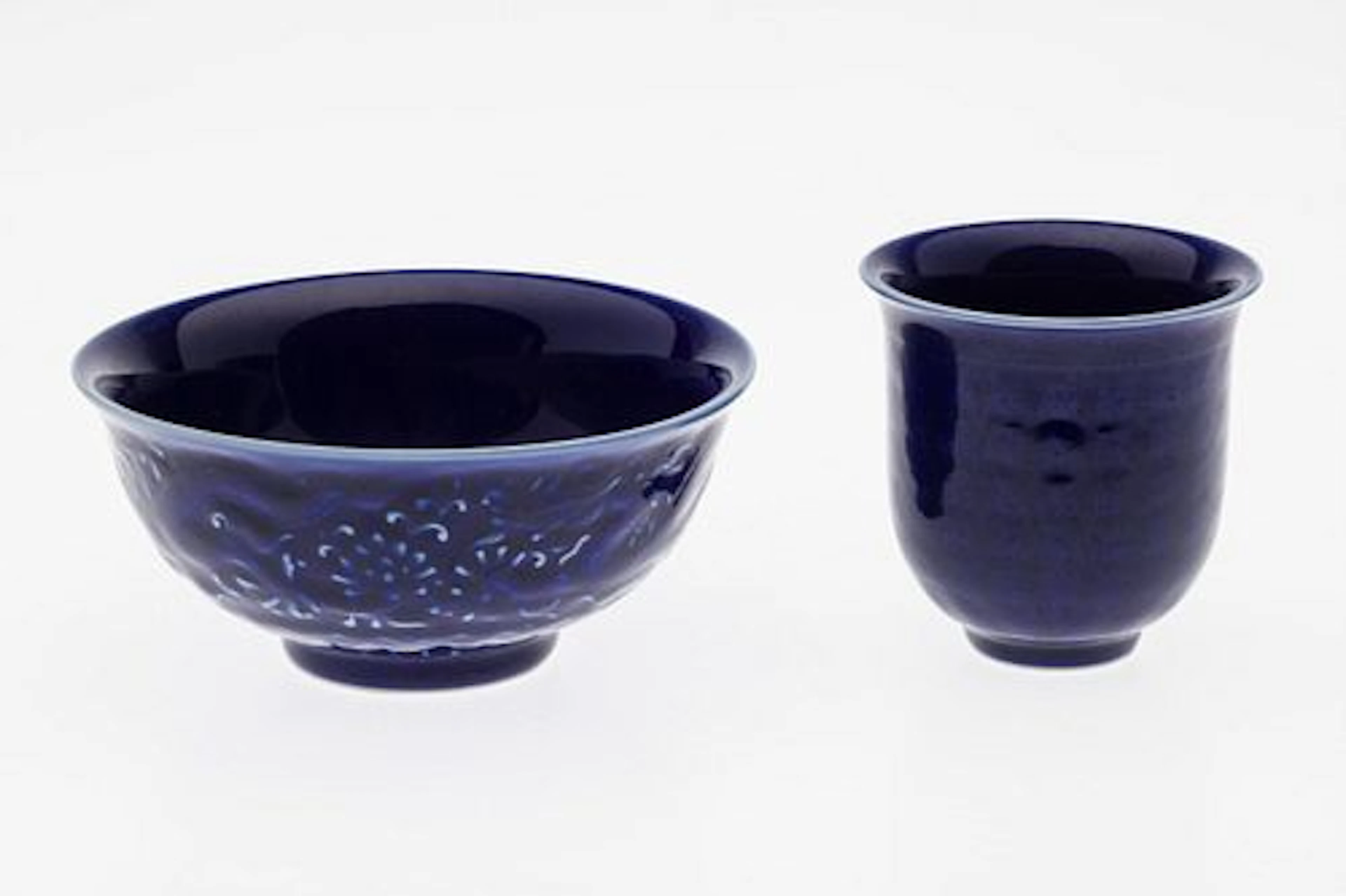 Chinese Cobalt Blue Glazed Incised Bowl and Cup