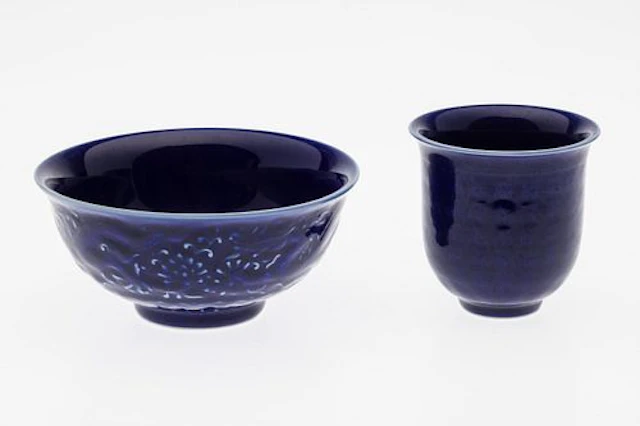 Chinese Cobalt Blue Glazed Incised Bowl and Cup
