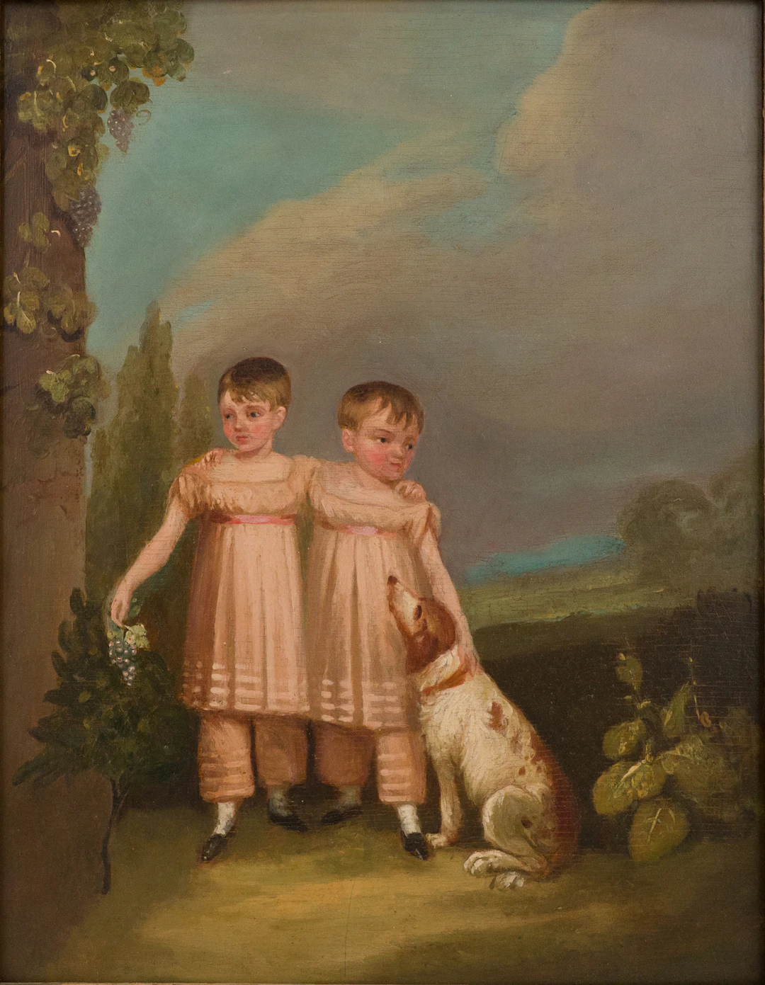 Double Portrait of Children with Dog, Oil on Board