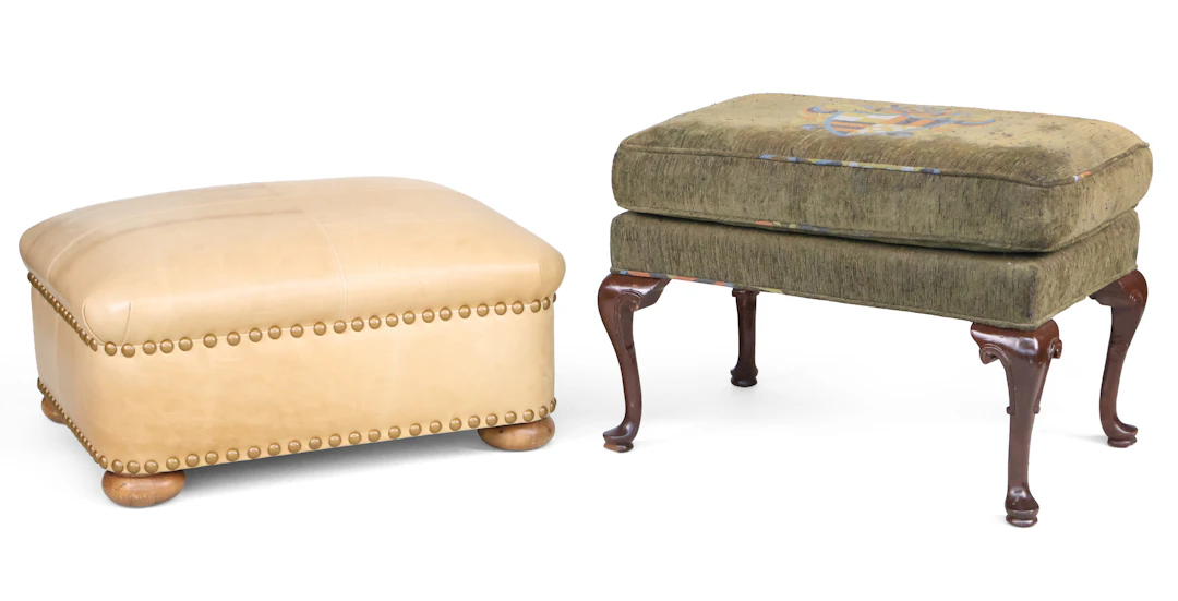 Tan Leather and Brass Tack Ottoman