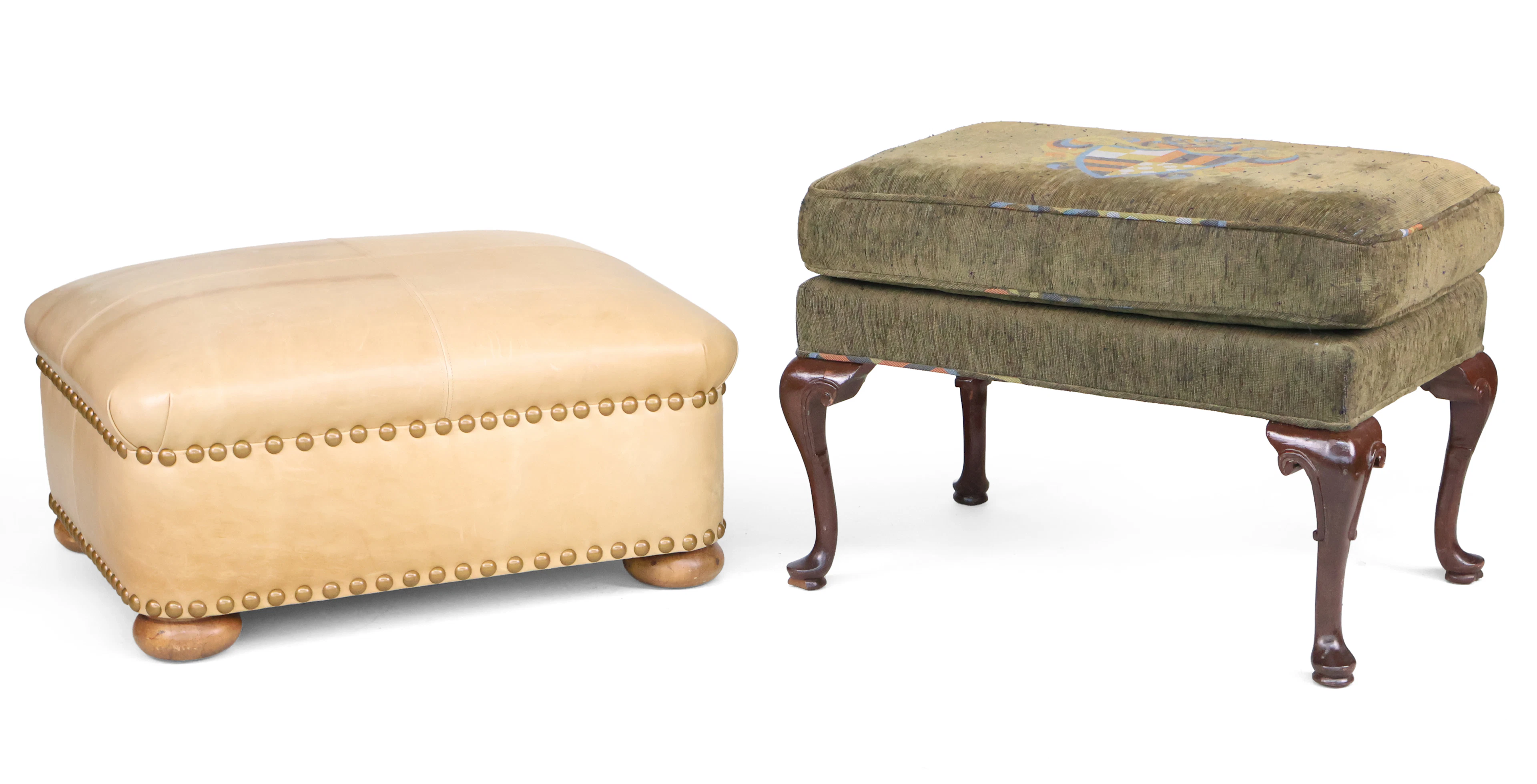Tan Leather and Brass Tack Ottoman