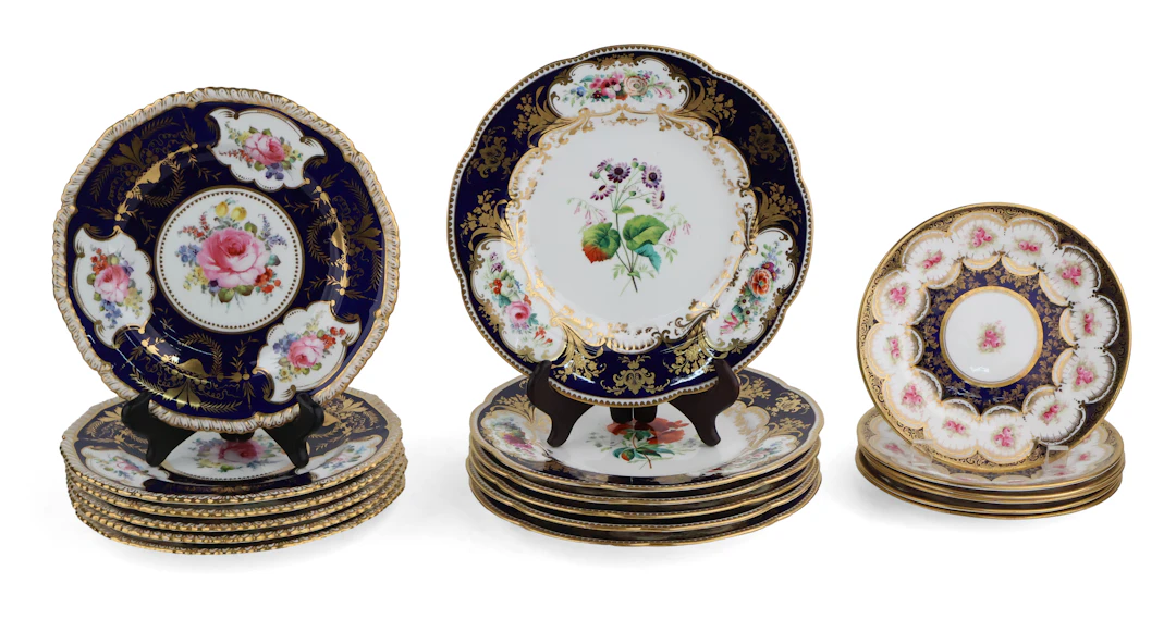 Three Sets of Floral, Cobalt, and Gilt Plates