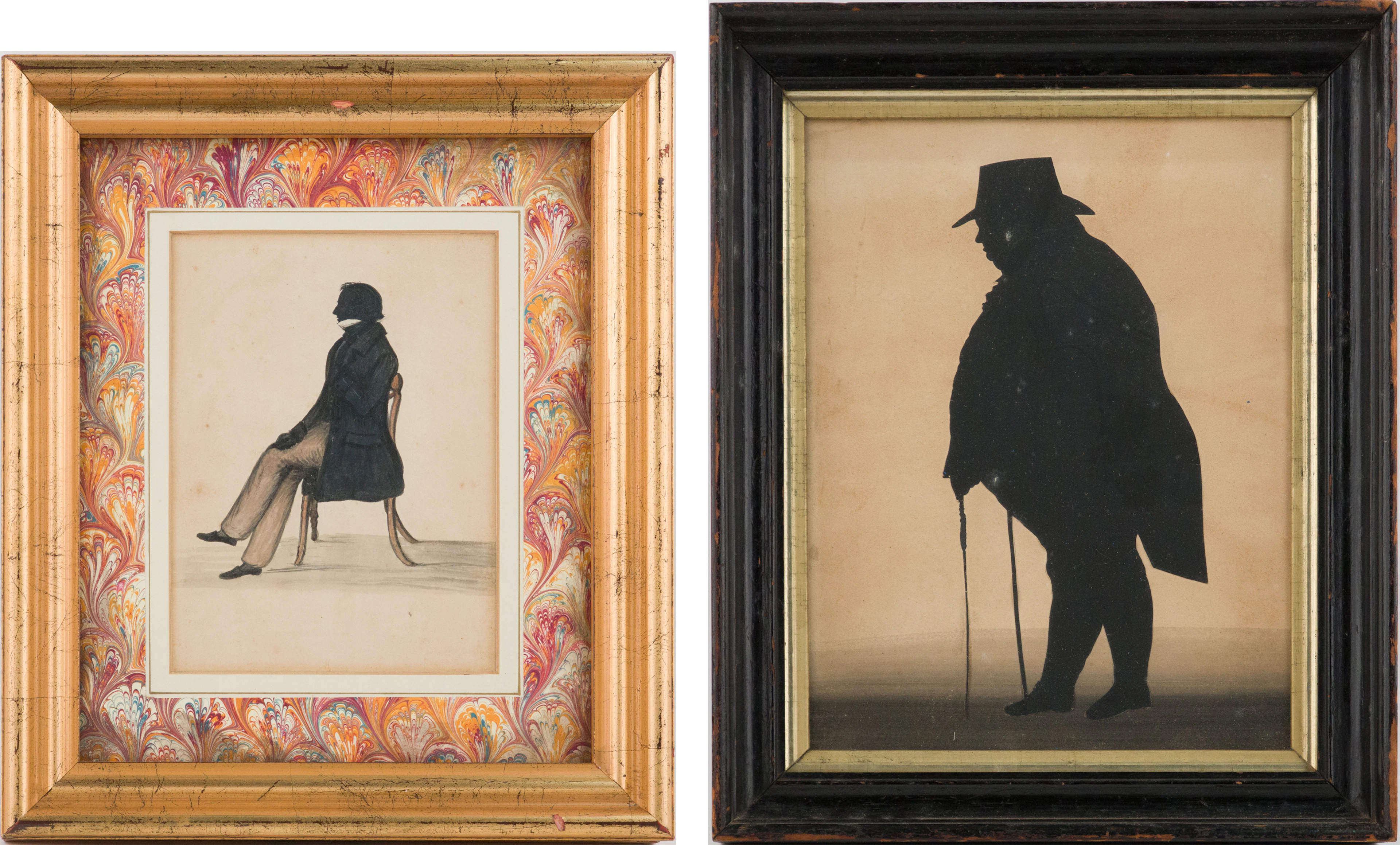 Two Full Profile Silhouettes of Gentleman, Ink and Wash