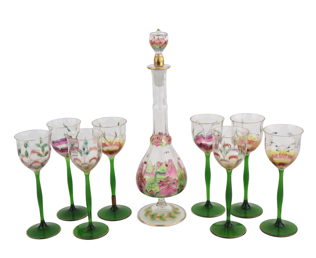 Eight Theresienthal Enamel Decorated Wine Glasses and Decanter