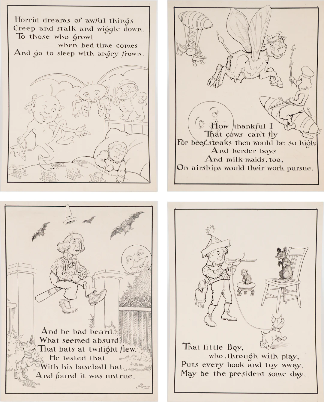 Charles L Bartholomew, American 1860-1949, Four Illustrations, Ink on Cardstock