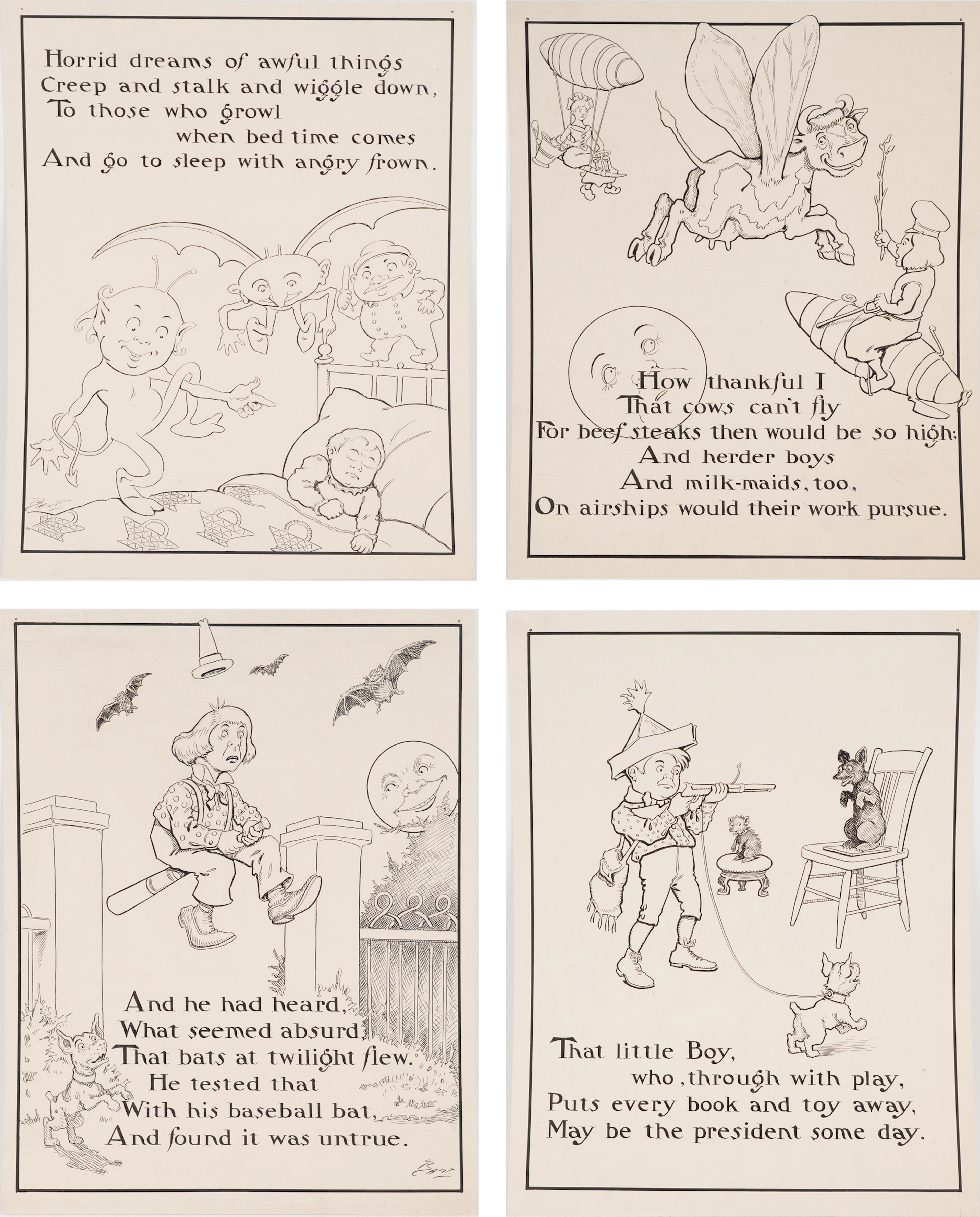 Charles L Bartholomew, American 1860-1949, Four Illustrations, Ink on Cardstock