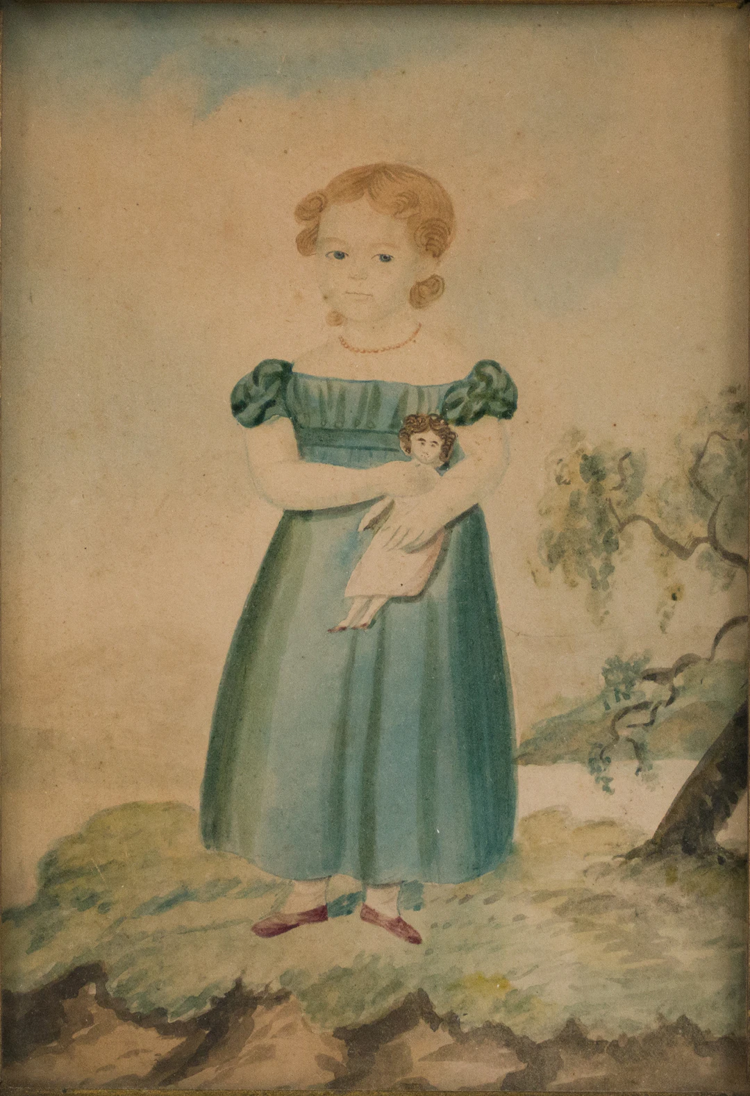Portrait of Girl with Doll, Watercolor on Paper