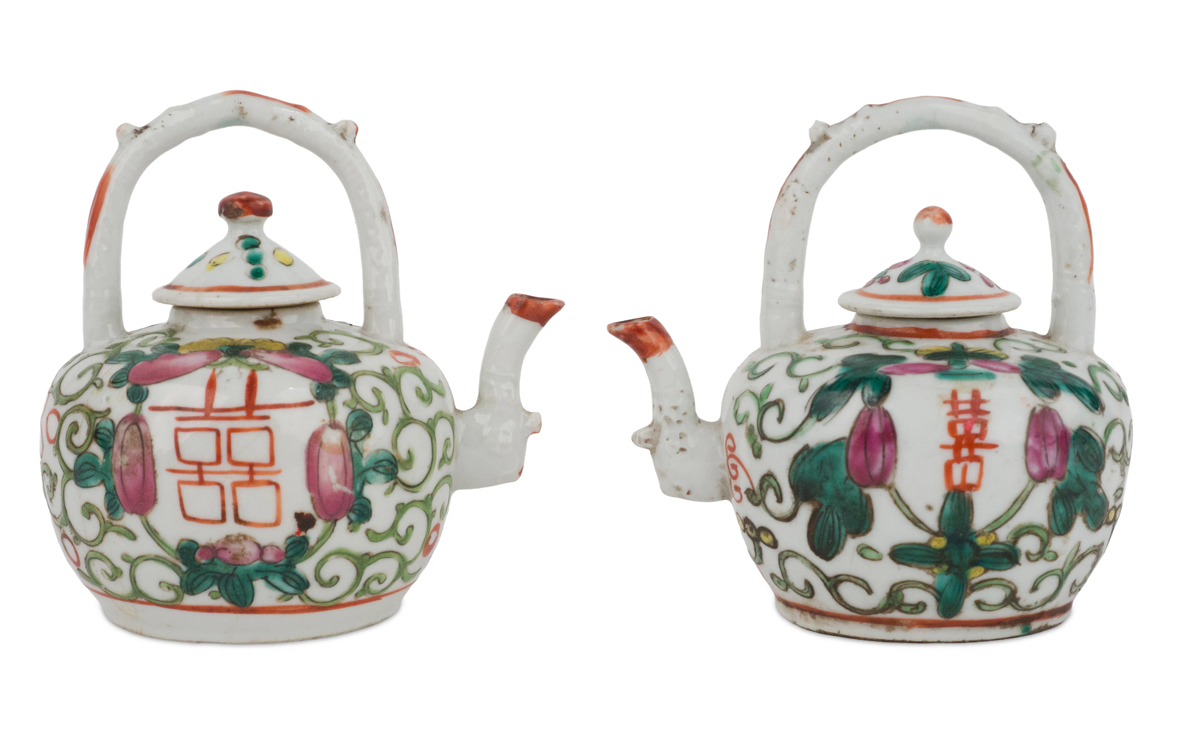Pair of Chinese Famille Verte Porcelain Teapots