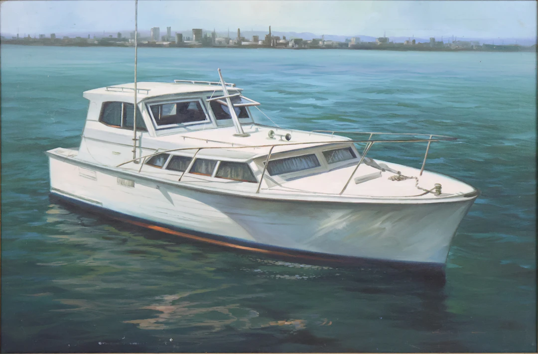 White Motor Yacht on Water, Oil on Canvas